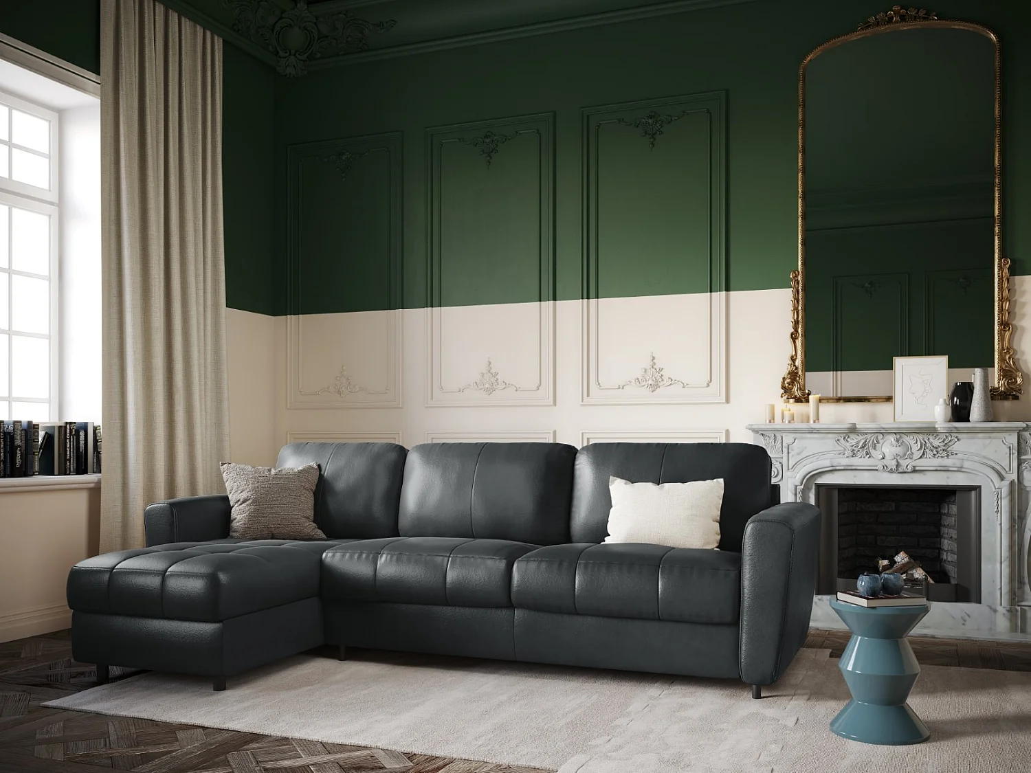 CXL by Christian Lacroix - Canapé d'angle gauche convertible "Audra" 4 places en cuir véritable bleu gris - 270x170x88cm