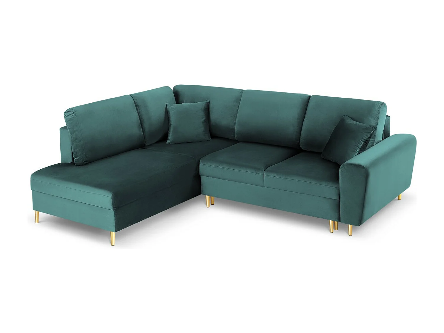Cosmopolitan Design - 5-Sitzer ausklappbares Ecksofa links mit Container "Kyoto" aus Samt petrol - 243x194x88cm