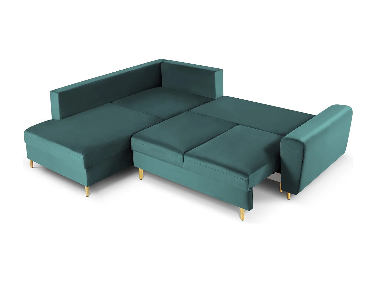 Cosmopolitan Design - 5-Sitzer ausklappbares Ecksofa links mit Container "Kyoto" aus Samt petrol - 243x194x88cm