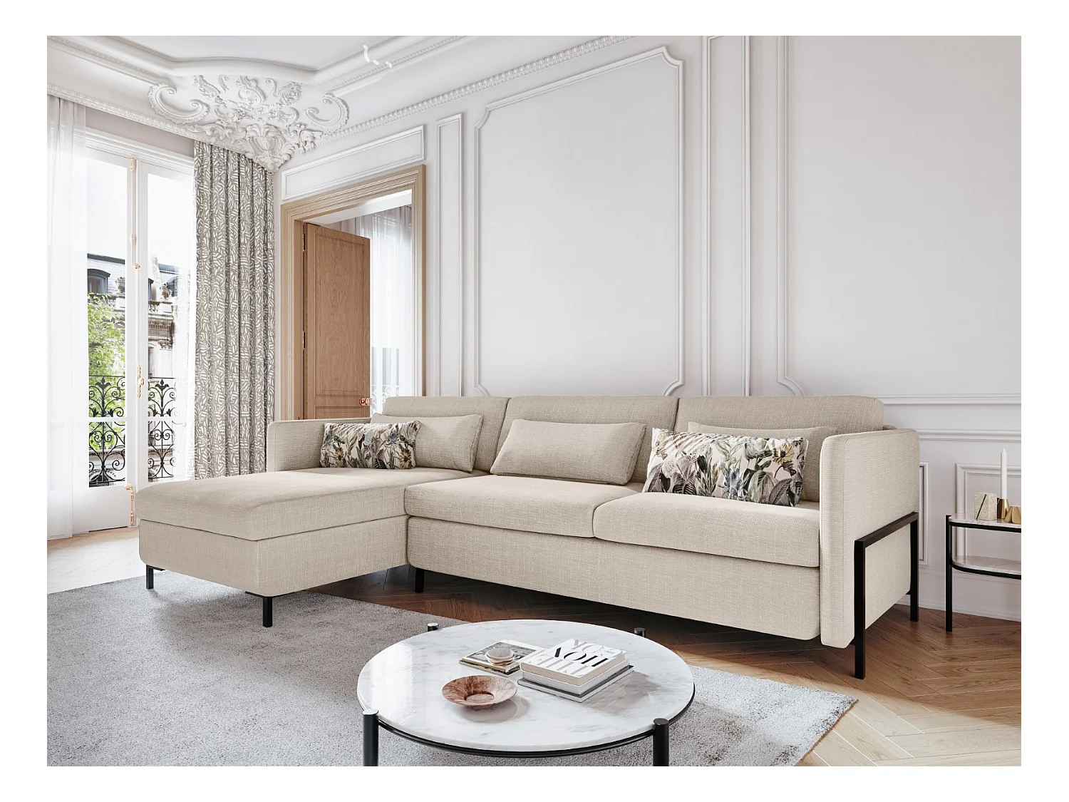 CXL by Christian Lacroix - Canapé d'angle gauche convertible avec coffre de rangement "Yanis" 5 places en tissu structurel beige - 280x170x80cm