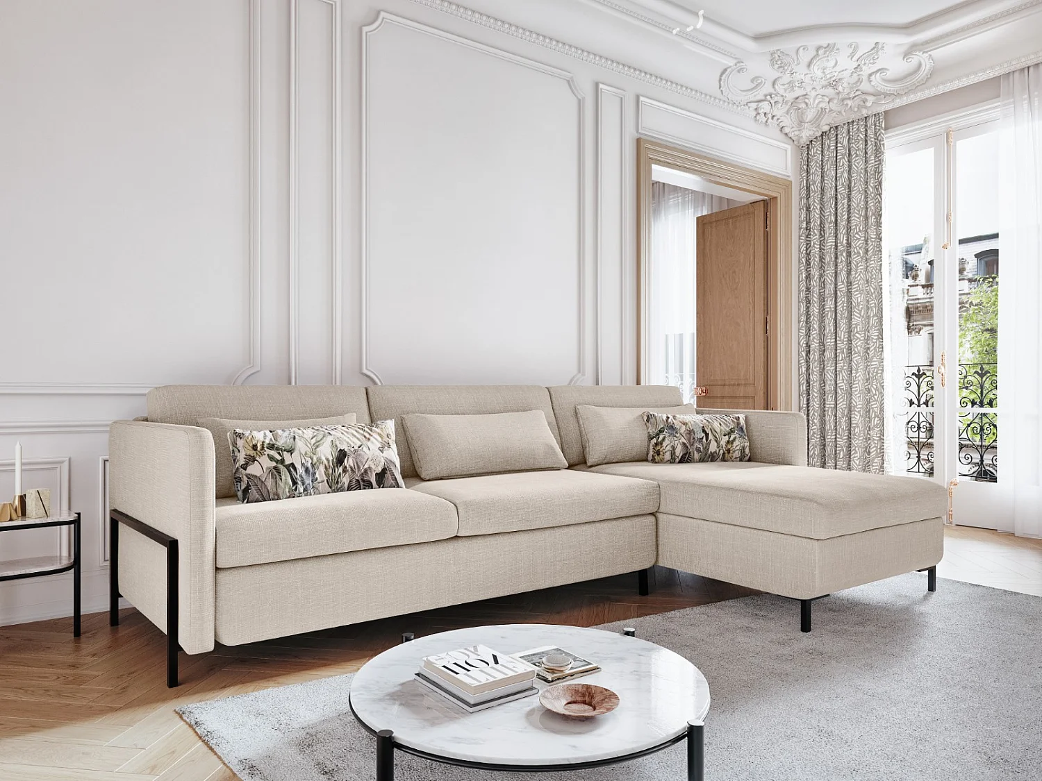 CXL by Christian Lacroix - Sofá cama esquinero derecho con baúl de almacenaje "Yanis" 4 plazas de tejido estructural beige - 260x170x80cm