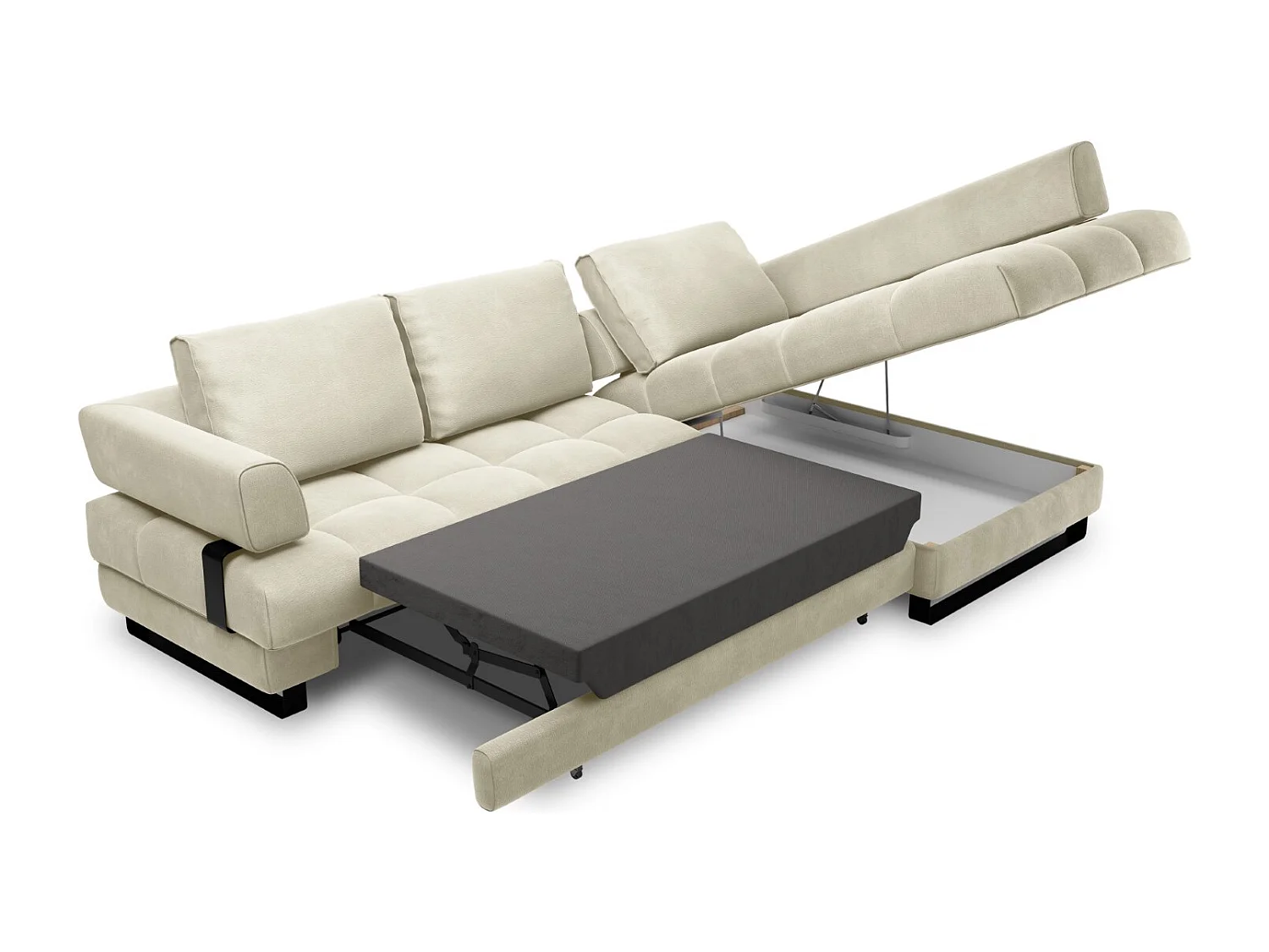 Cosmopolitan Design - Converteerbare hoekbank rechts met opbergdoos "Clinton" 5 zitplaatsen, Flueel, Lichtbeige - 272x173x89cm