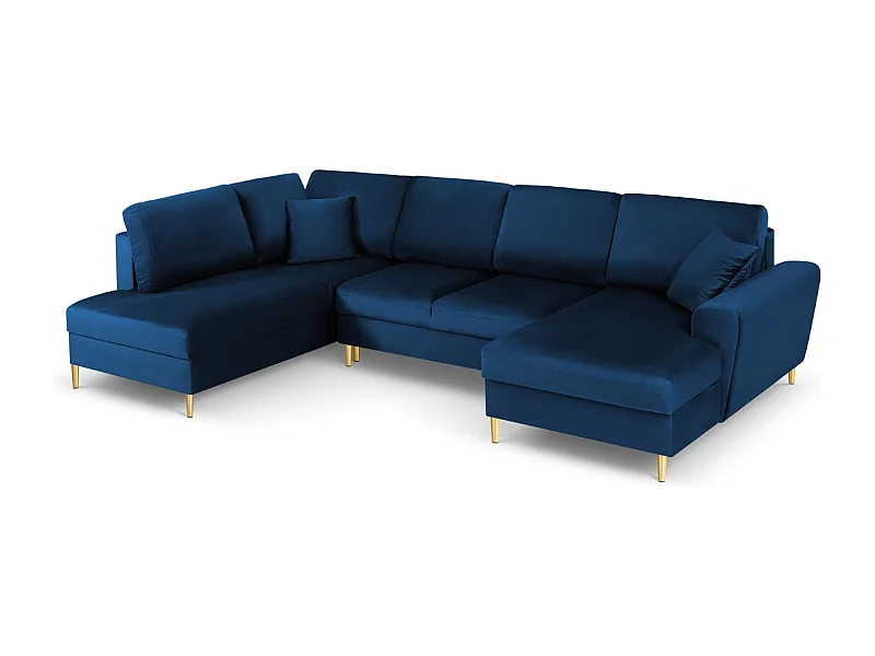 Cosmopolitan Design - Sofá panorâmico convertível esquerdo com caixa de arrumação "Kyoto" 7 lugares em veludo azul real - 313x194x88cm