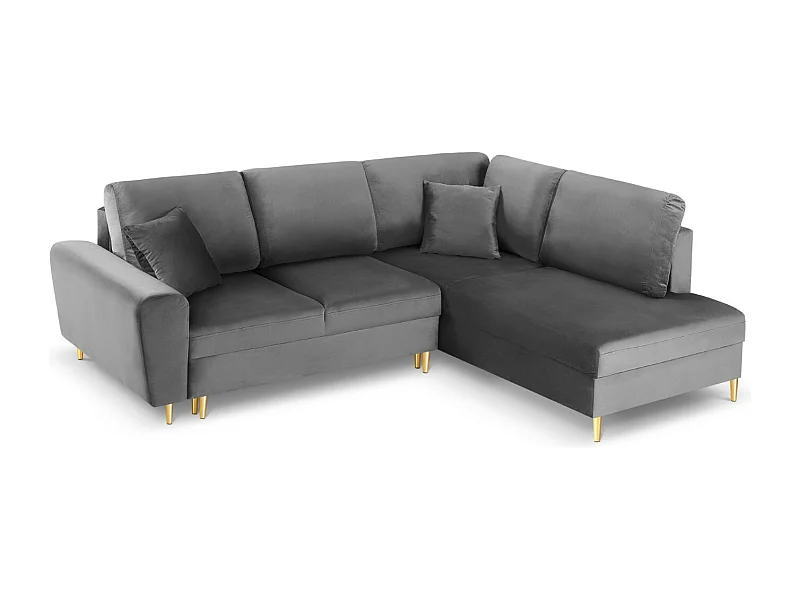 Cosmopolitan Design - 5-Sitzer ausklappbares Ecksofa rechts mit Container "Kyoto" aus Samt hellgrau - 243x194x88cm
