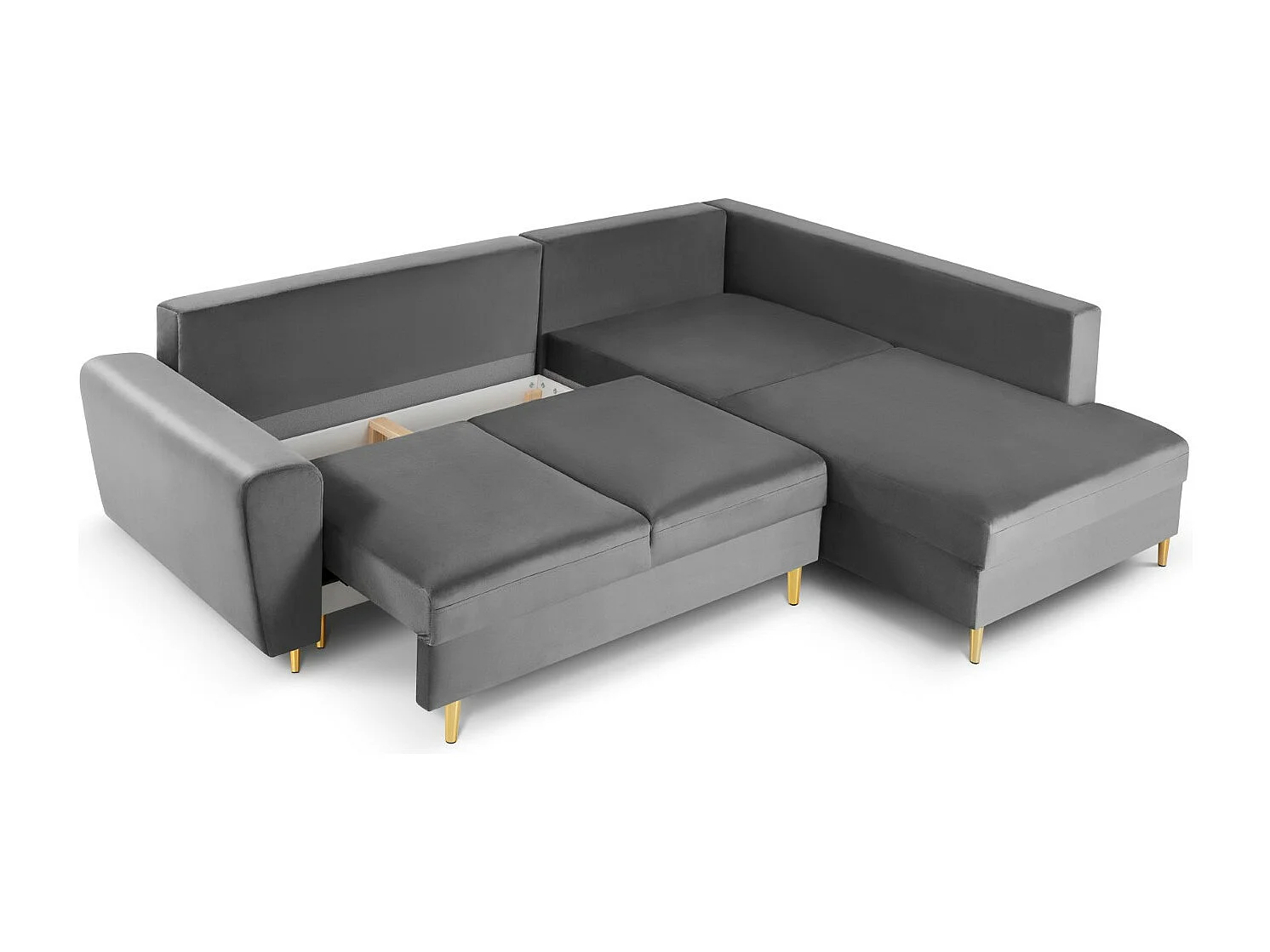 Cosmopolitan Design - Sofá cama esquinero derecho con baúl de almacenaje "Kyoto" 5 plazas de terciopelo gris claro - 243x194x88cm