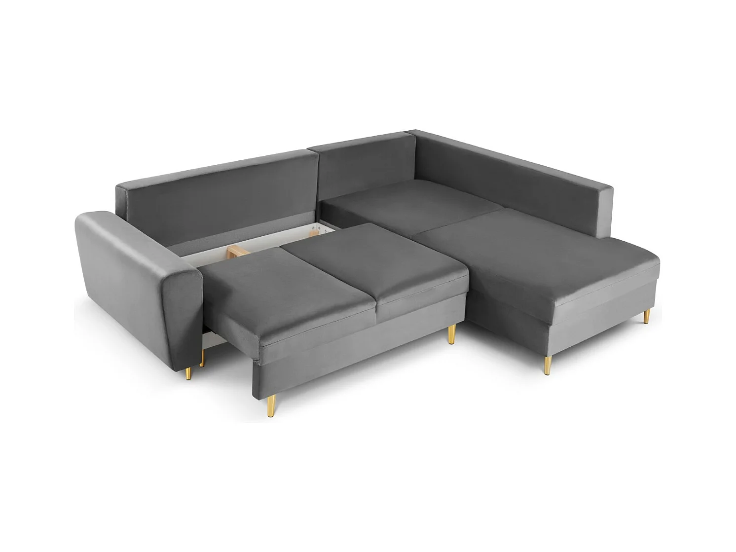 Cosmopolitan Design - 5-Sitzer ausklappbares Ecksofa rechts mit Container "Kyoto" aus Samt hellgrau - 243x194x88cm