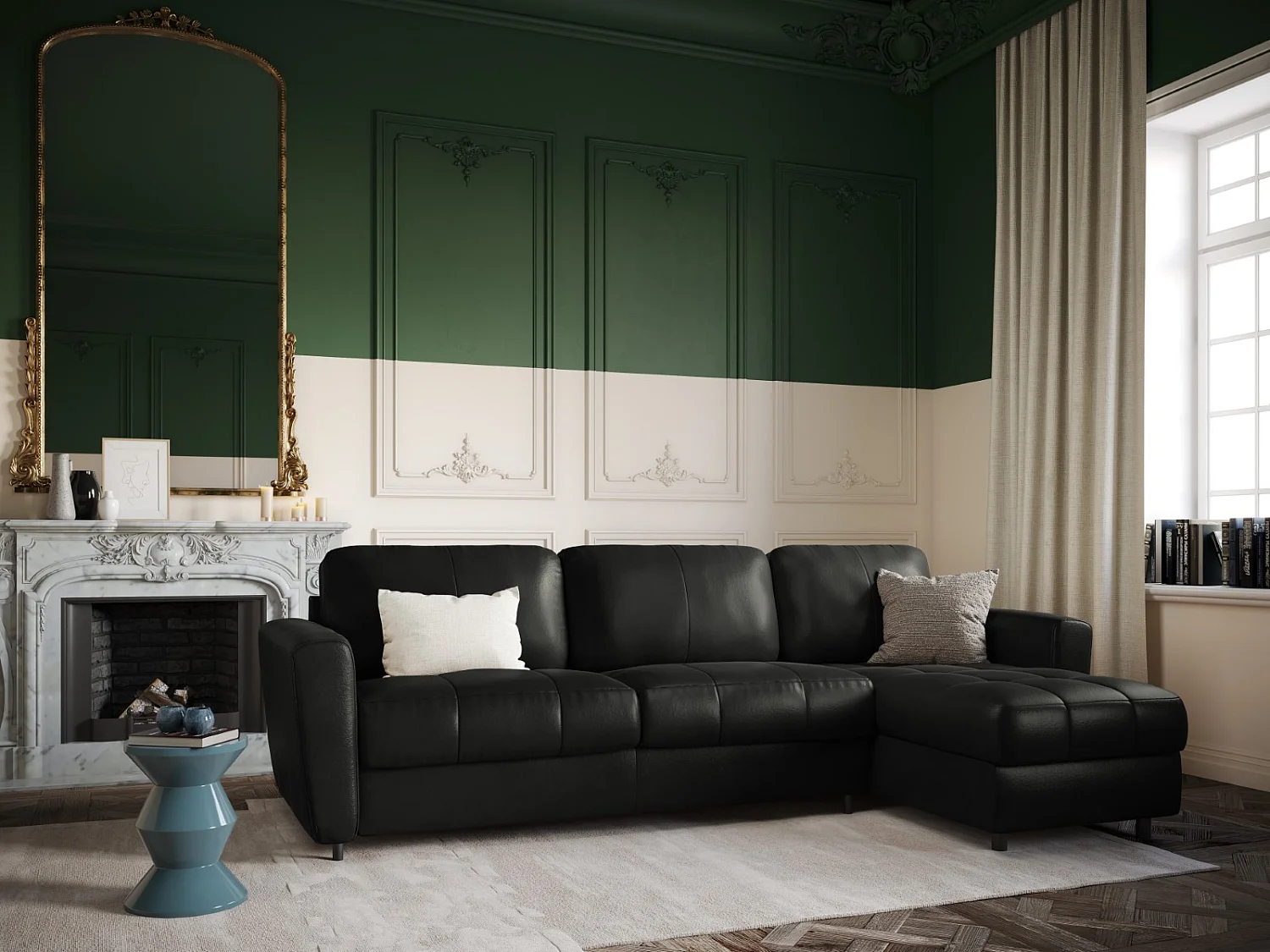 CXL by Christian Lacroix - Converteerbare hoekbank rechts "Audra" 4 zitplaatsen, Echt leer, Zwart - 270x170x88cm