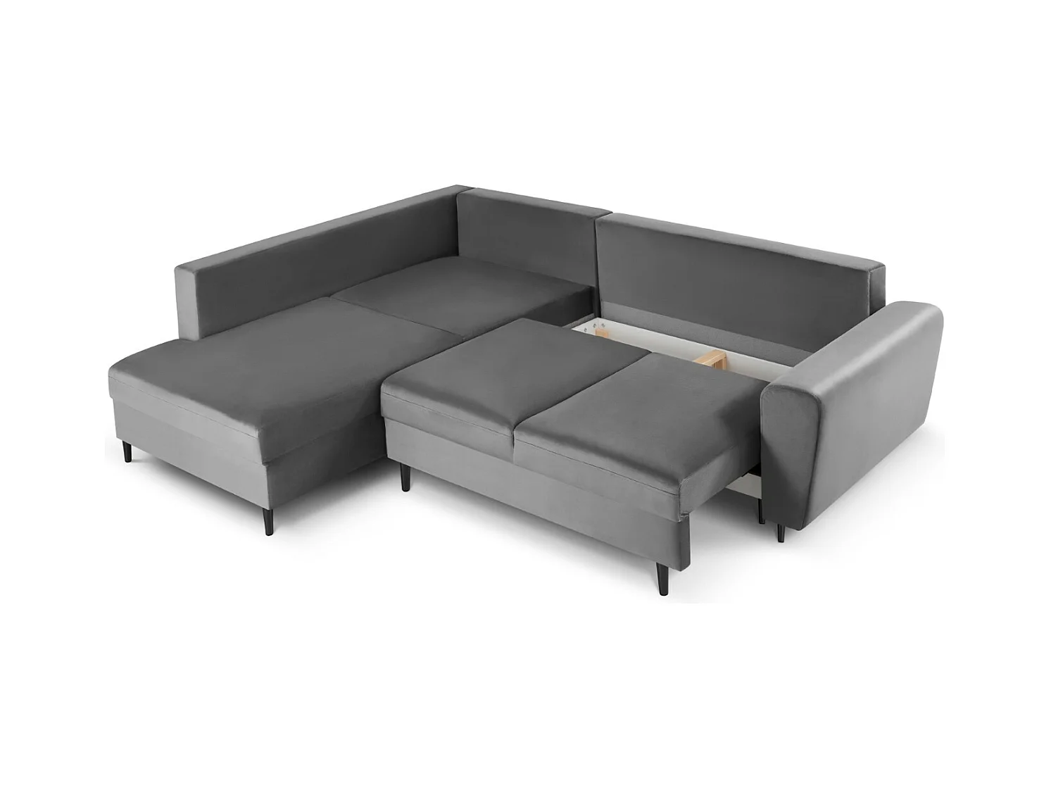 Cosmopolitan Design - 5-Sitzer ausklappbares Ecksofa links mit Container "Kyoto" aus Samt hellgrau - 243x194x88cm