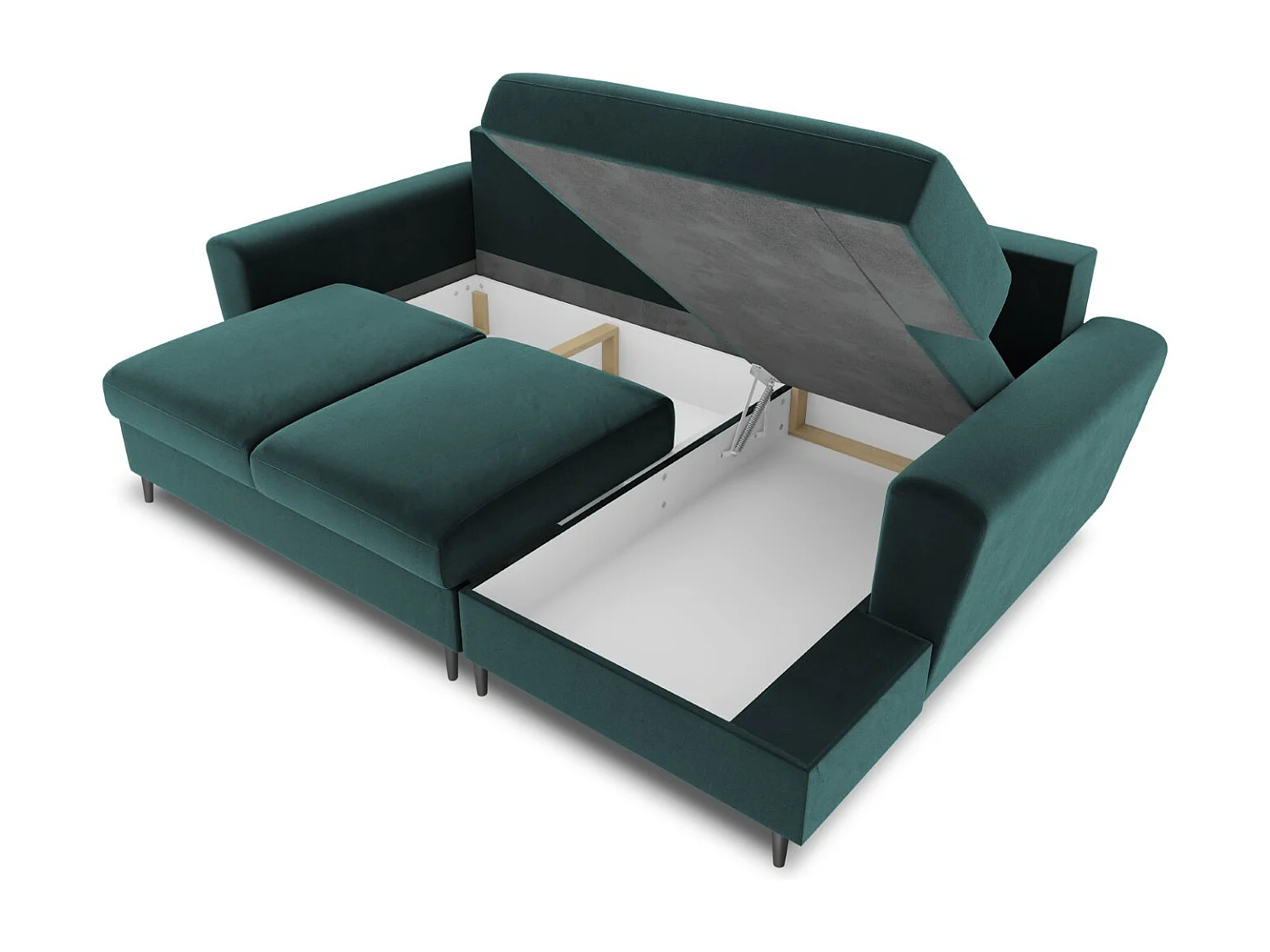 Cosmopolitan Design - Sofá cama esquinero derecho con baúl de almacenaje "Kyoto" 4 plazas de terciopelo petróleo - 241x145x88cm