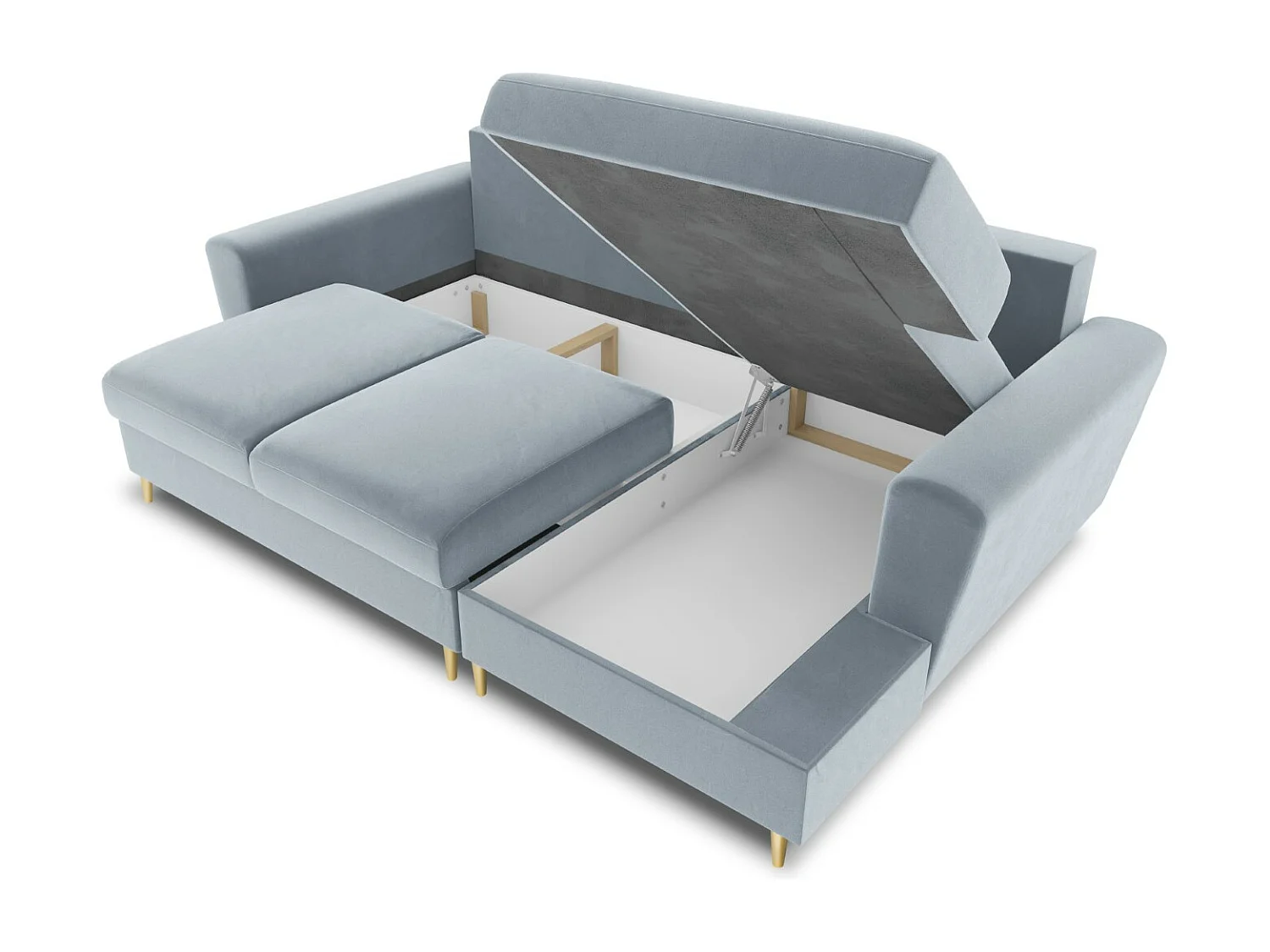 Cosmopolitan Design - Sofá cama esquinero derecho con baúl de almacenaje "Kyoto" 4 plazas de terciopelo azul claro - 241x145x88cm