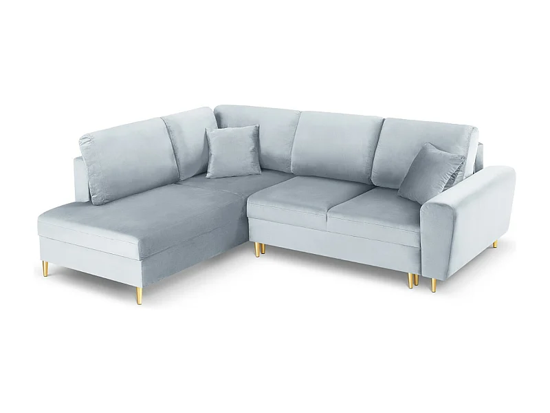 Cosmopolitan Design - Sofá cama esquinero izquierdo con baúl de almacenaje "Kyoto" 5 plazas de terciopelo azul claro - 243x194x88cm