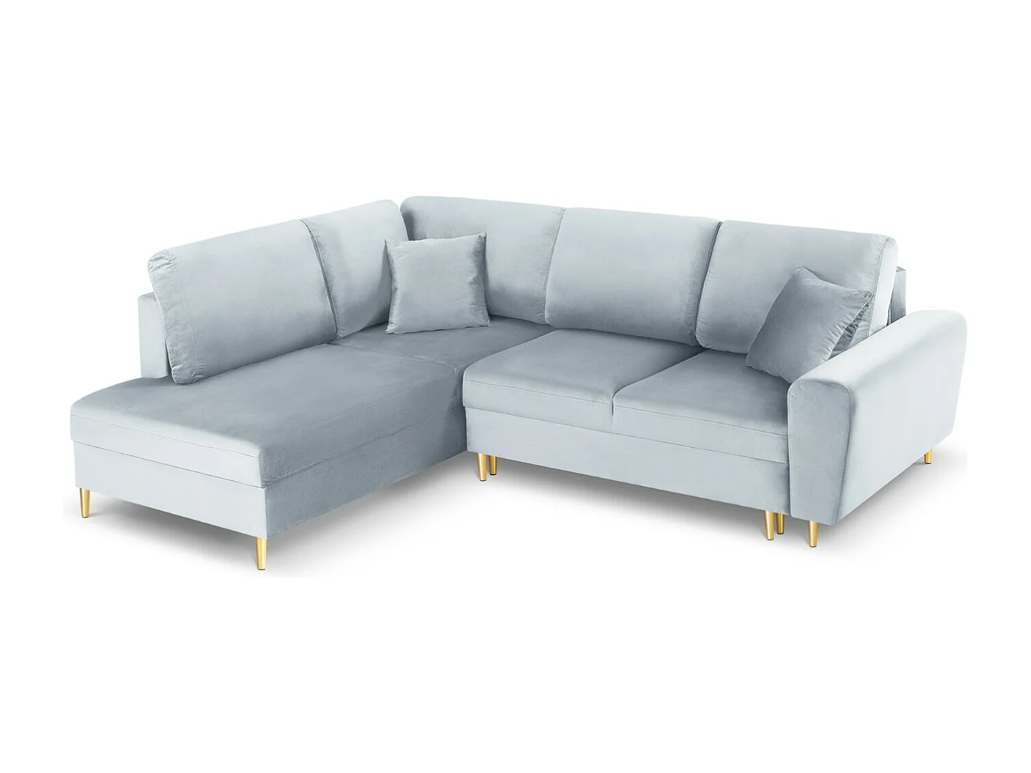 Cosmopolitan Design - 5-Sitzer ausklappbares Ecksofa links mit Container "Kyoto" aus Samt hellblau - 243x194x88cm