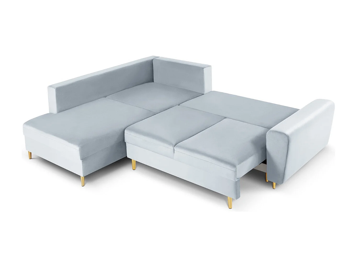 Cosmopolitan Design - 5-Sitzer ausklappbares Ecksofa links mit Container "Kyoto" aus Samt hellblau - 243x194x88cm