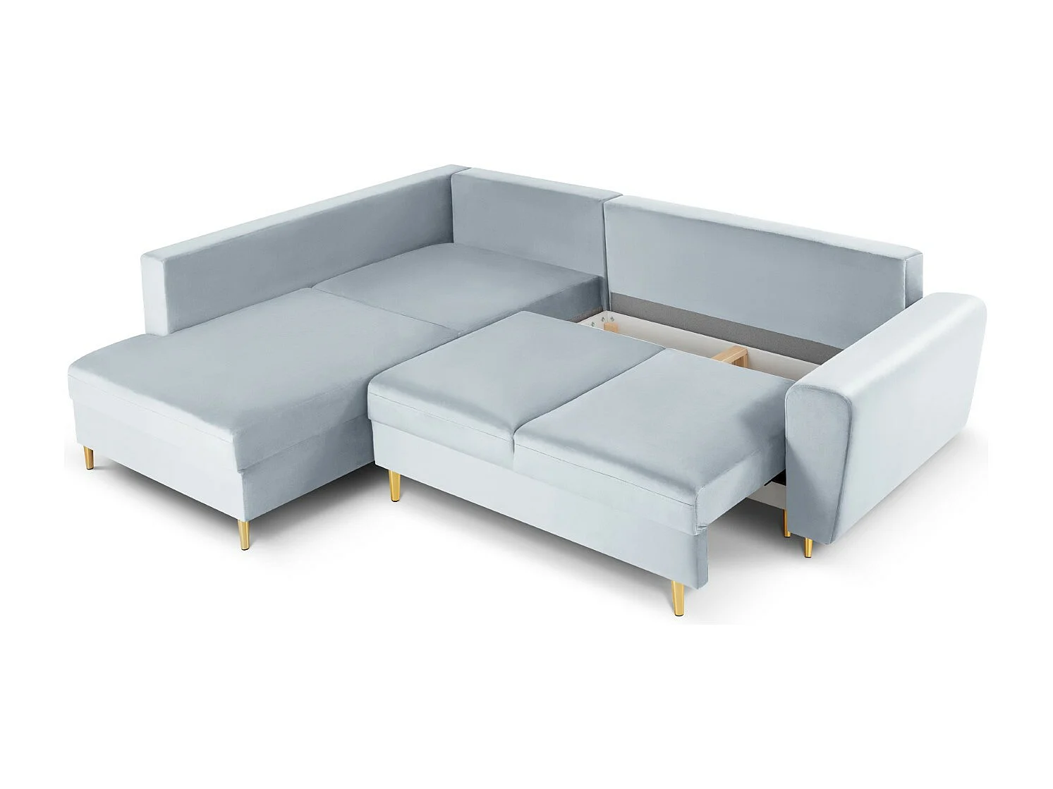 Cosmopolitan Design - Uitklapbare hoekbank links met opbergdoos "Kyoto" 5 zitplaatsen, Flueel, Lichtblauw - 243x194x88cm