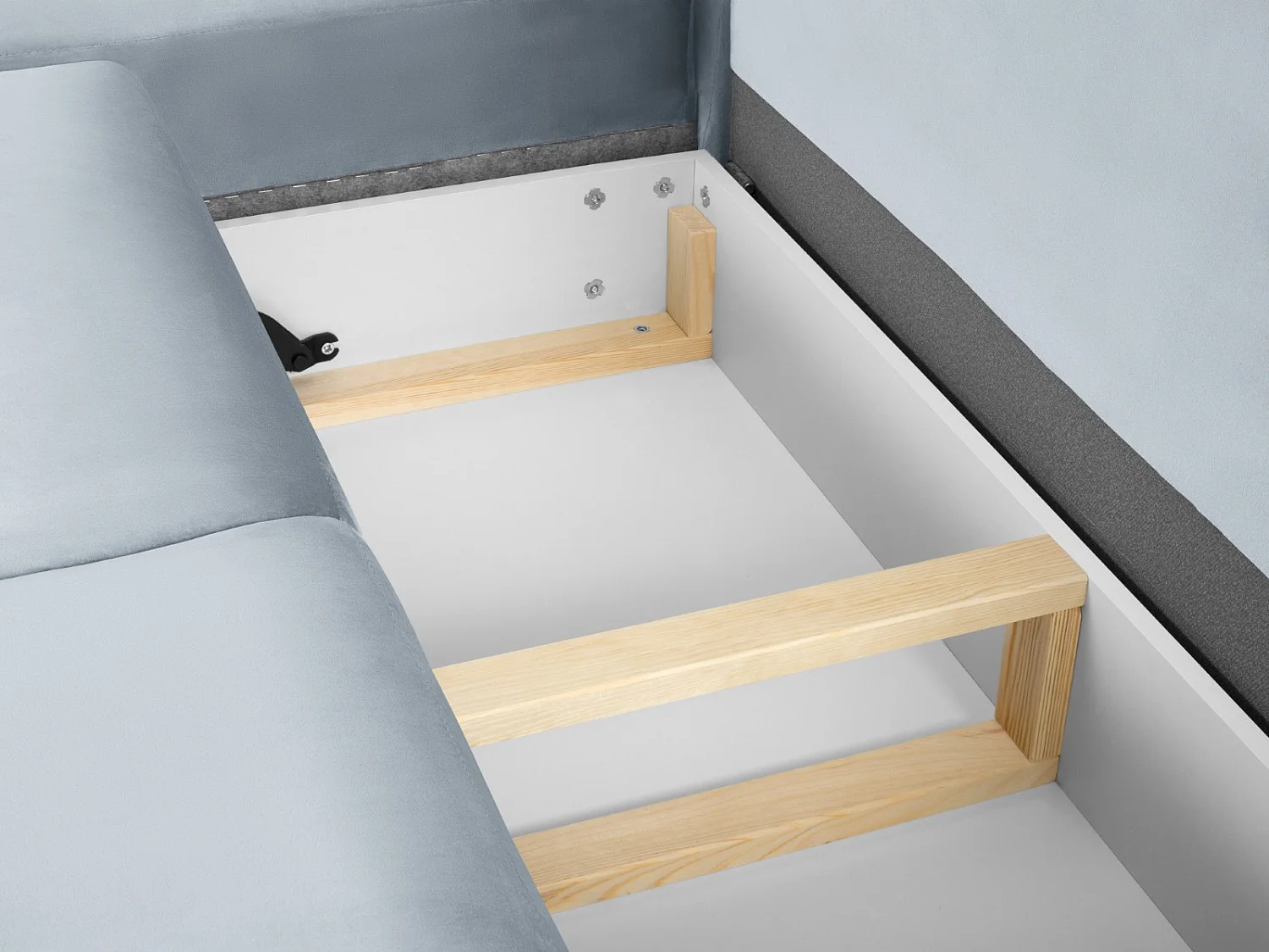 Cosmopolitan Design - Uitklapbare hoekbank links met opbergdoos "Kyoto" 5 zitplaatsen, Flueel, Lichtblauw - 243x194x88cm