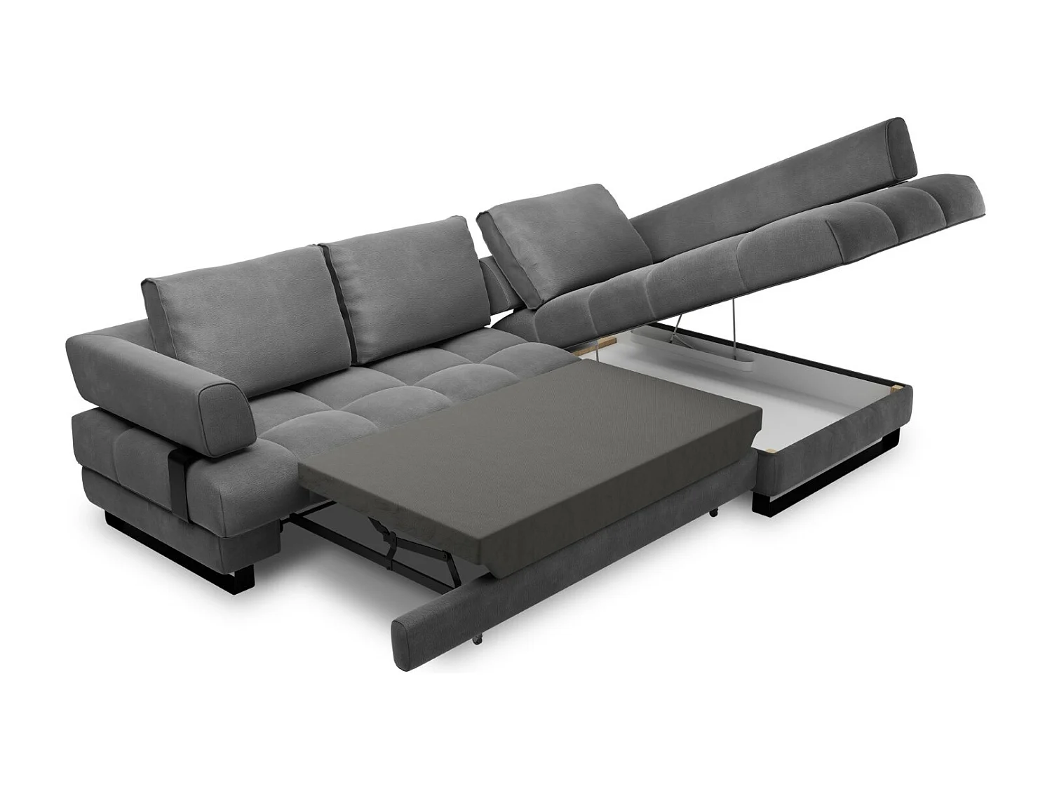 Cosmopolitan Design - Sofá cama esquinero derecho con baúl de almacenaje "Clinton" 5 plazas de terciopelo gris oscuro - 272x173x89cm
