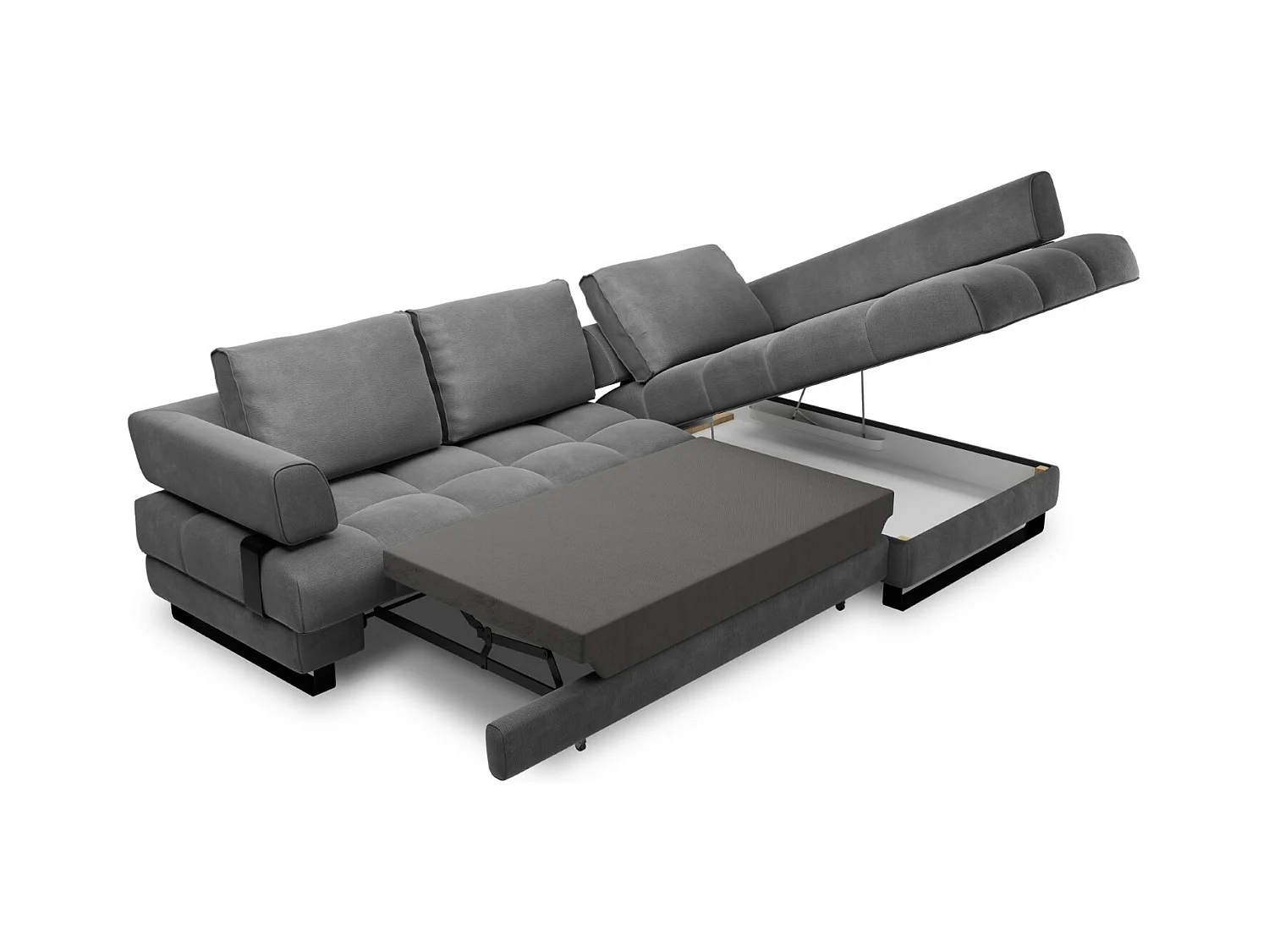 Cosmopolitan Design - 5-Sitzer ausklappbares Ecksofa rechts mit Container "Clinton" aus Samt dunkelgrau - 272x173x89cm