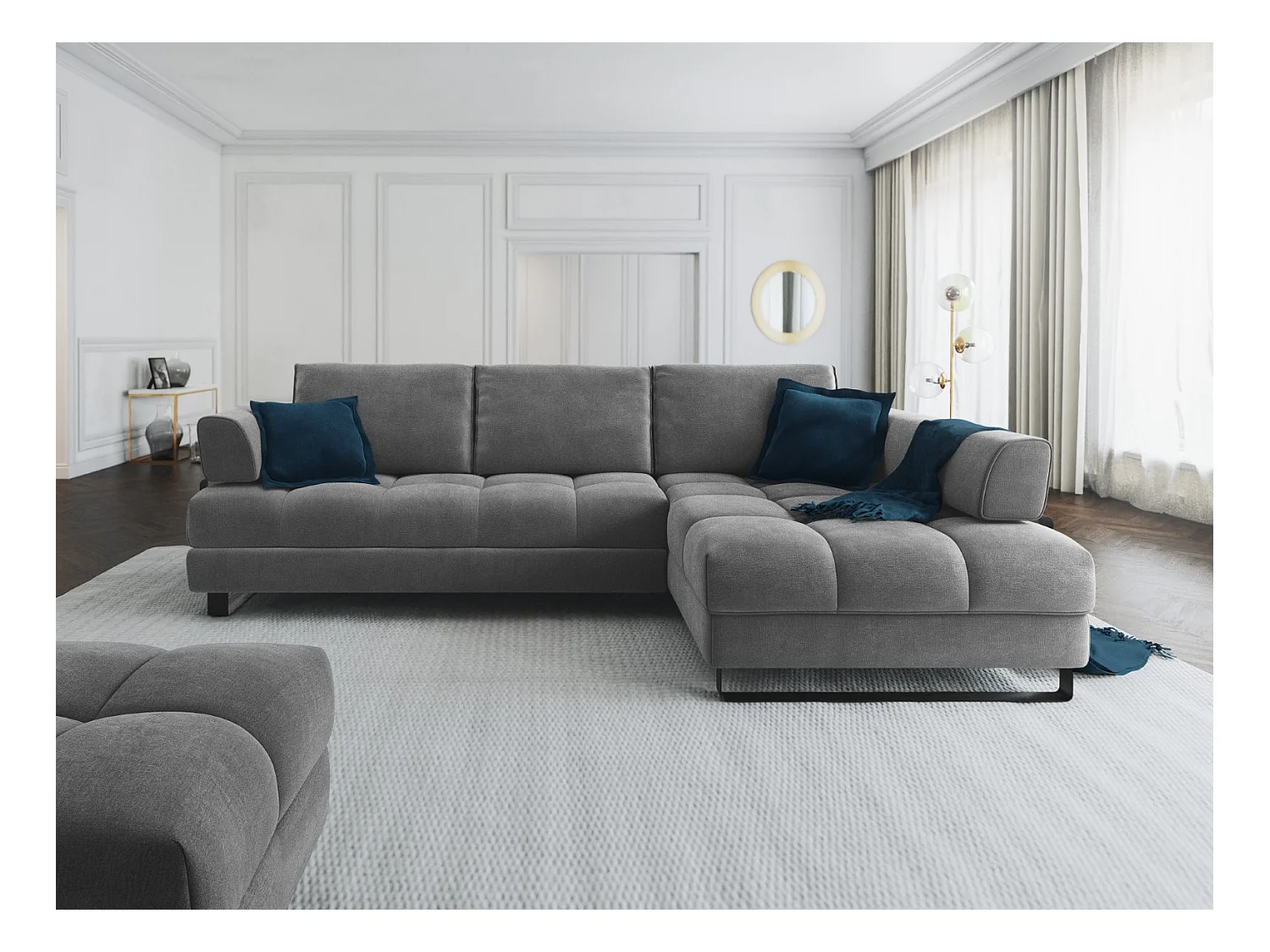 Cosmopolitan Design - 5-Sitzer ausklappbares Ecksofa rechts mit Container "Clinton" aus Samt dunkelgrau - 272x173x89cm