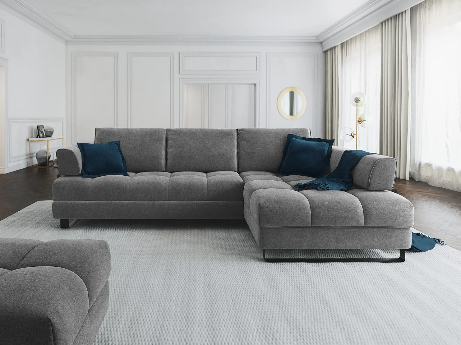 Cosmopolitan Design - Canapé d'angle droit convertible avec coffre de rangement "Clinton" 5 places en velours gris foncé - 272x173x89cm