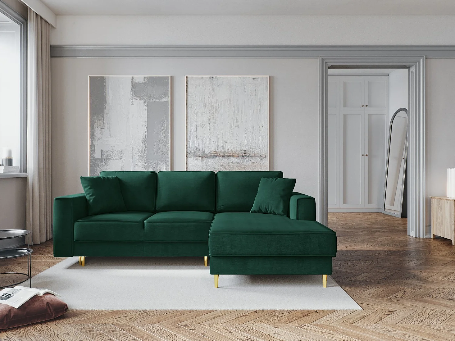 Cosmopolitan Design - Canapé d'angle droit convertible avec coffre de rangement "Fano" 4 places en tissu structurel vert bouteille - 242x174x89cm