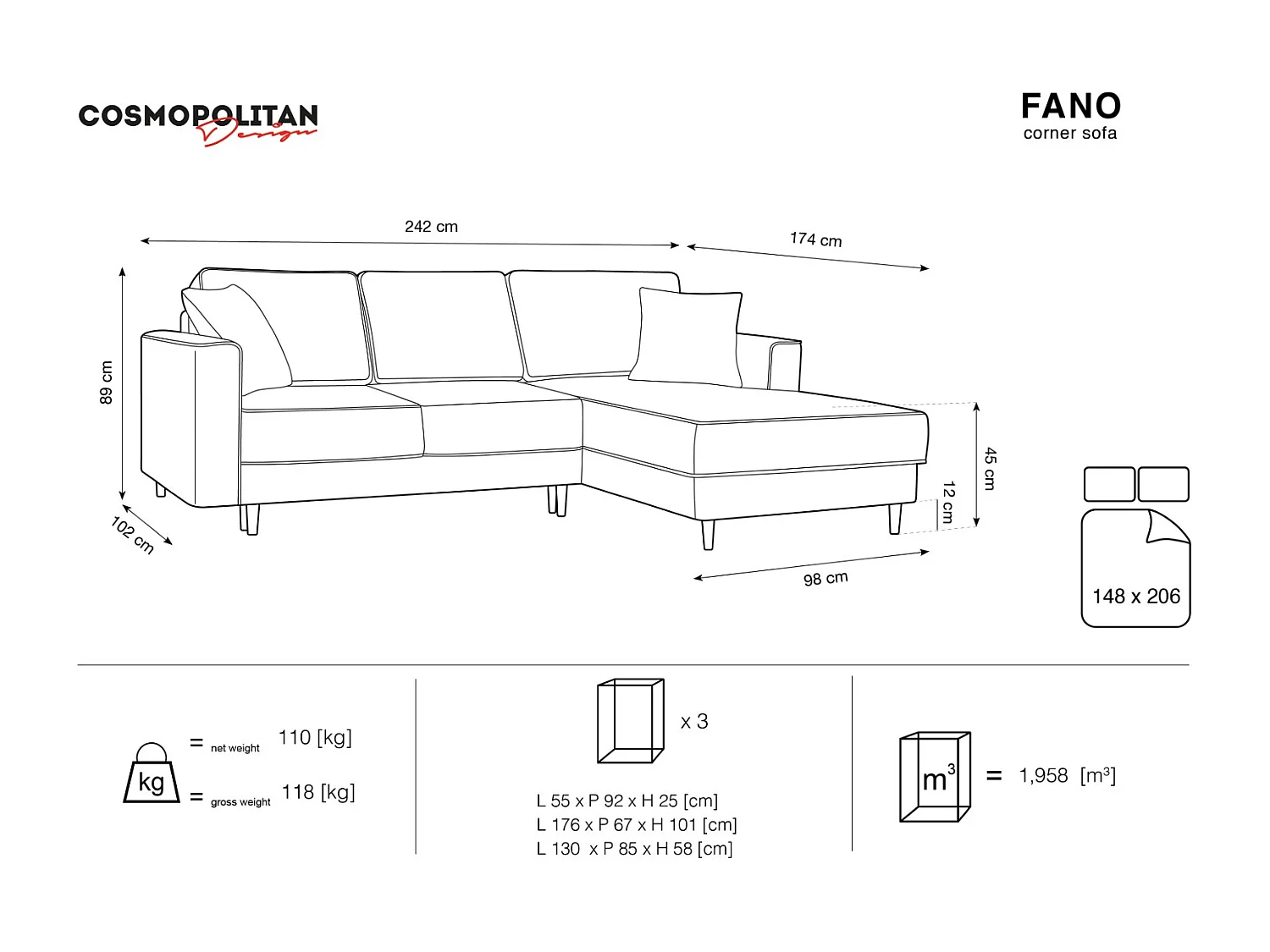 Cosmopolitan Design - Canapé d'angle droit convertible avec coffre de rangement "Fano" 4 places en tissu structurel vert bouteille - 242x174x89cm