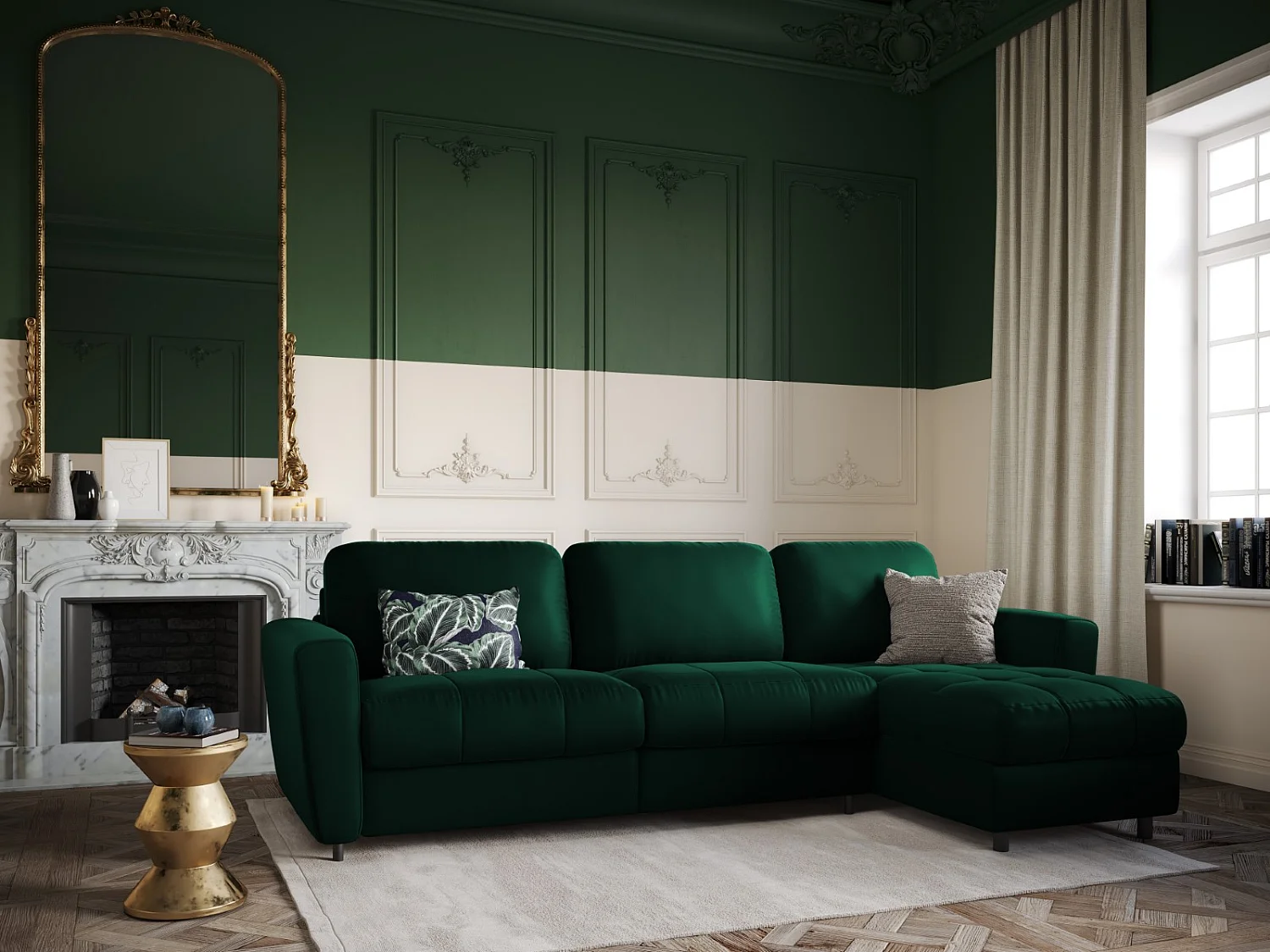 CXL by Christian Lacroix - Canapé d'angle droit convertible avec coffre de rangement "Audra" 5 places en velours vert bouteille - 290x170x88cm