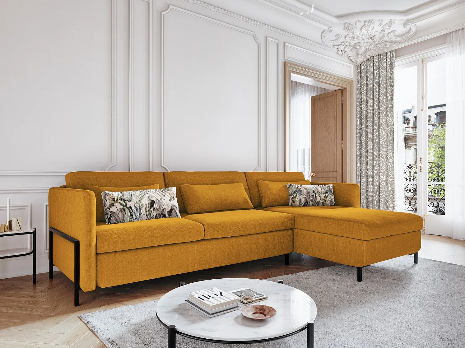 CXL by Christian Lacroix - Converteerbare hoekbank rechts met opbergdoos "Yanis" 4 zitplaatsen, Structurele stof, Goud - 260x170x80cm