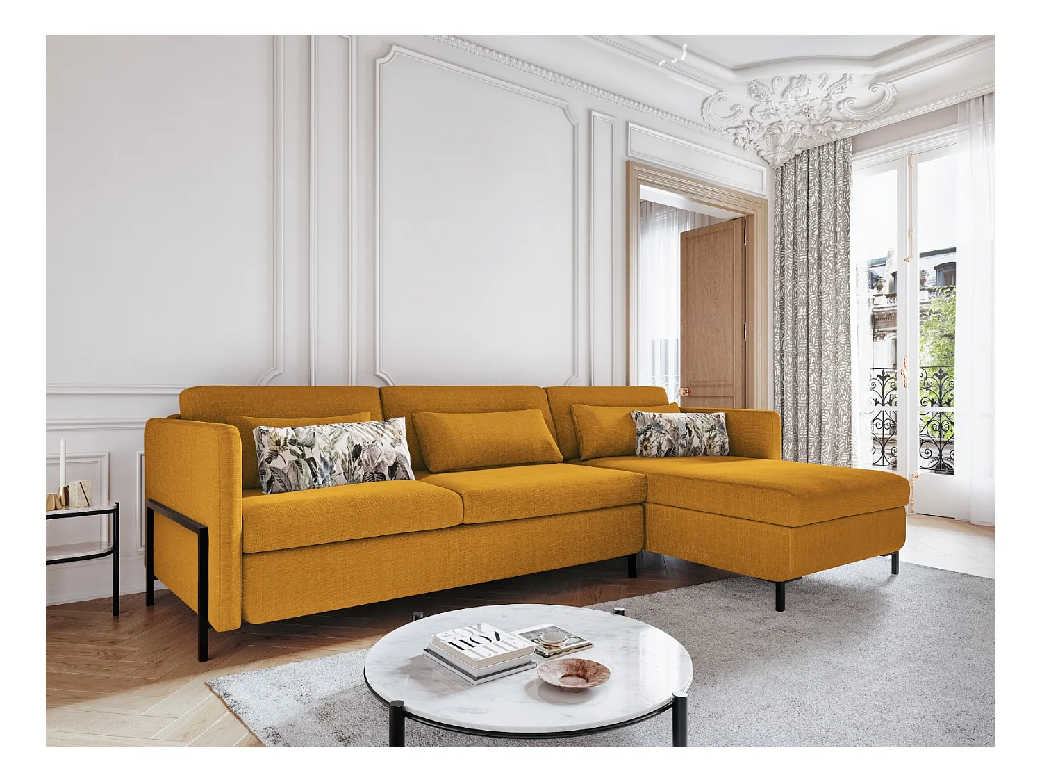 CXL by Christian Lacroix - Canapé d'angle droit convertible avec coffre de rangement "Yanis" 4 places en tissu structurel or - 260x170x80cm