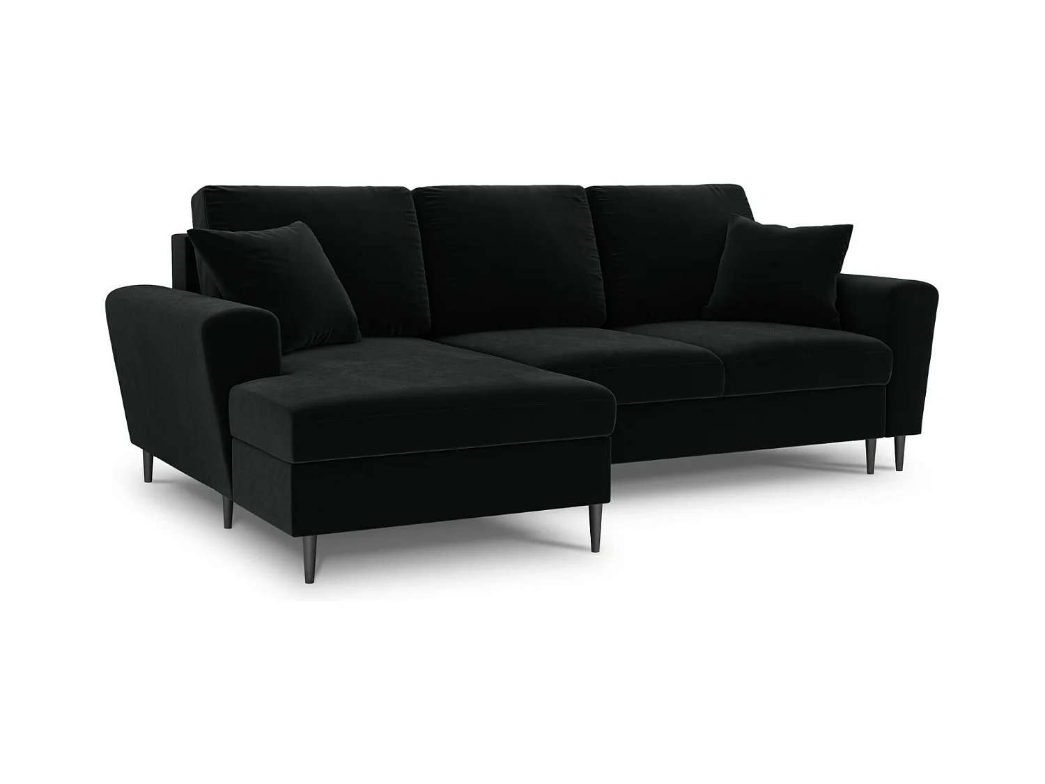 Cosmopolitan Design - Uitklapbare hoekbank links met opbergdoos "Kyoto" 4 zitplaatsen, Flueel, Zwart - 241x145x88cm