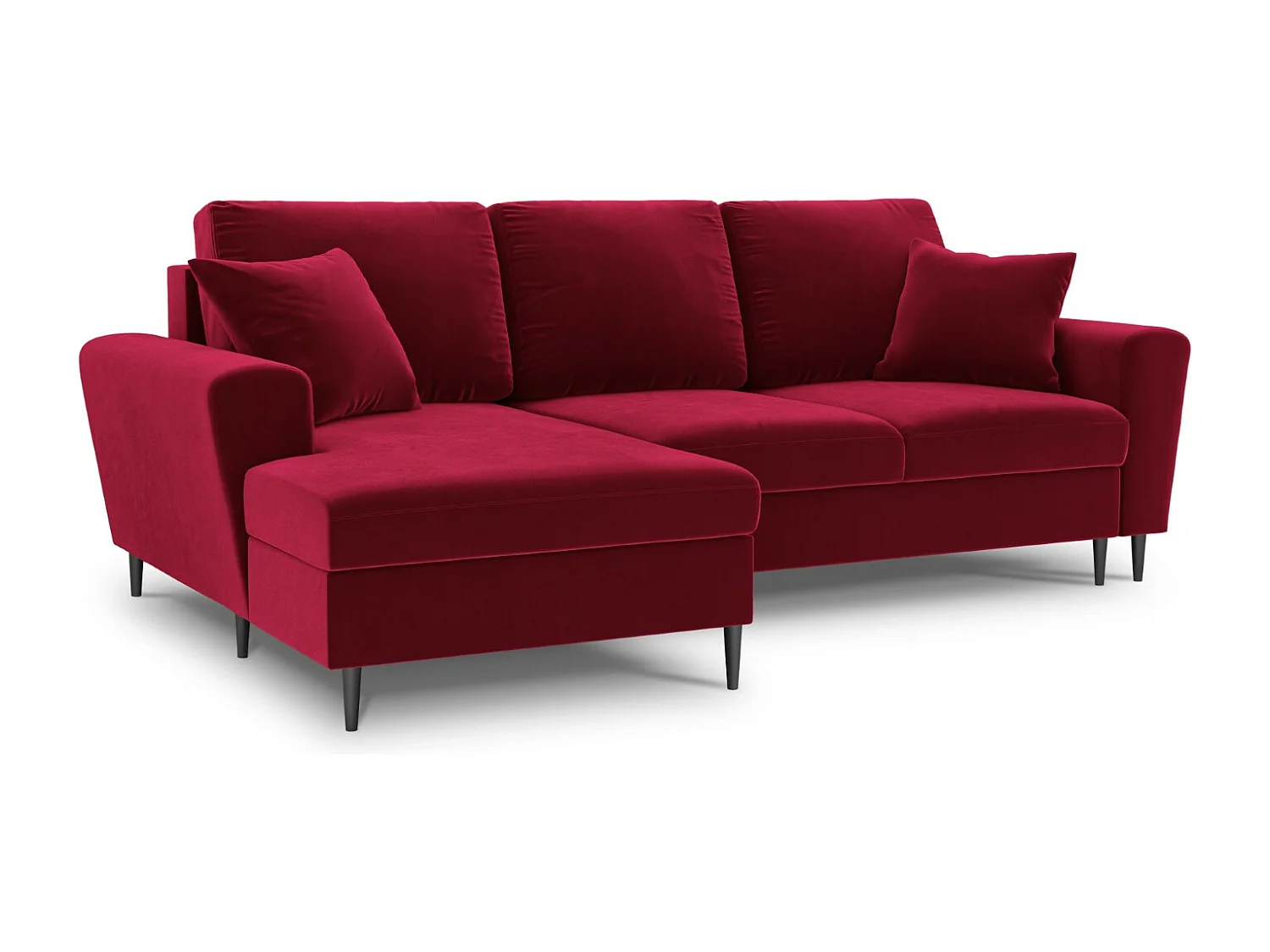 Cosmopolitan Design - 4-Sitzer ausklappbares Ecksofa links mit Container "Kyoto" aus Samt rot - 241x145x88cm