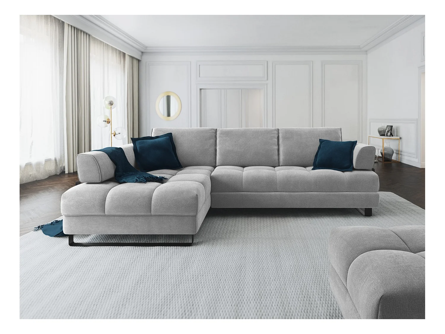 Cosmopolitan Design - Canapé d'angle gauche convertible avec coffre de rangement "Clinton" 5 places en velours gris clair - 272x173x89cm