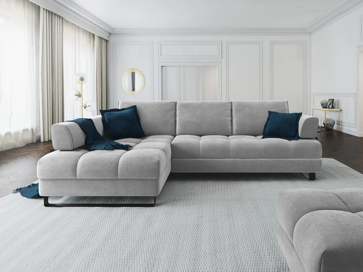 Cosmopolitan Design - Canapé d'angle gauche convertible avec coffre de rangement "Clinton" 5 places en velours gris clair - 272x173x89cm