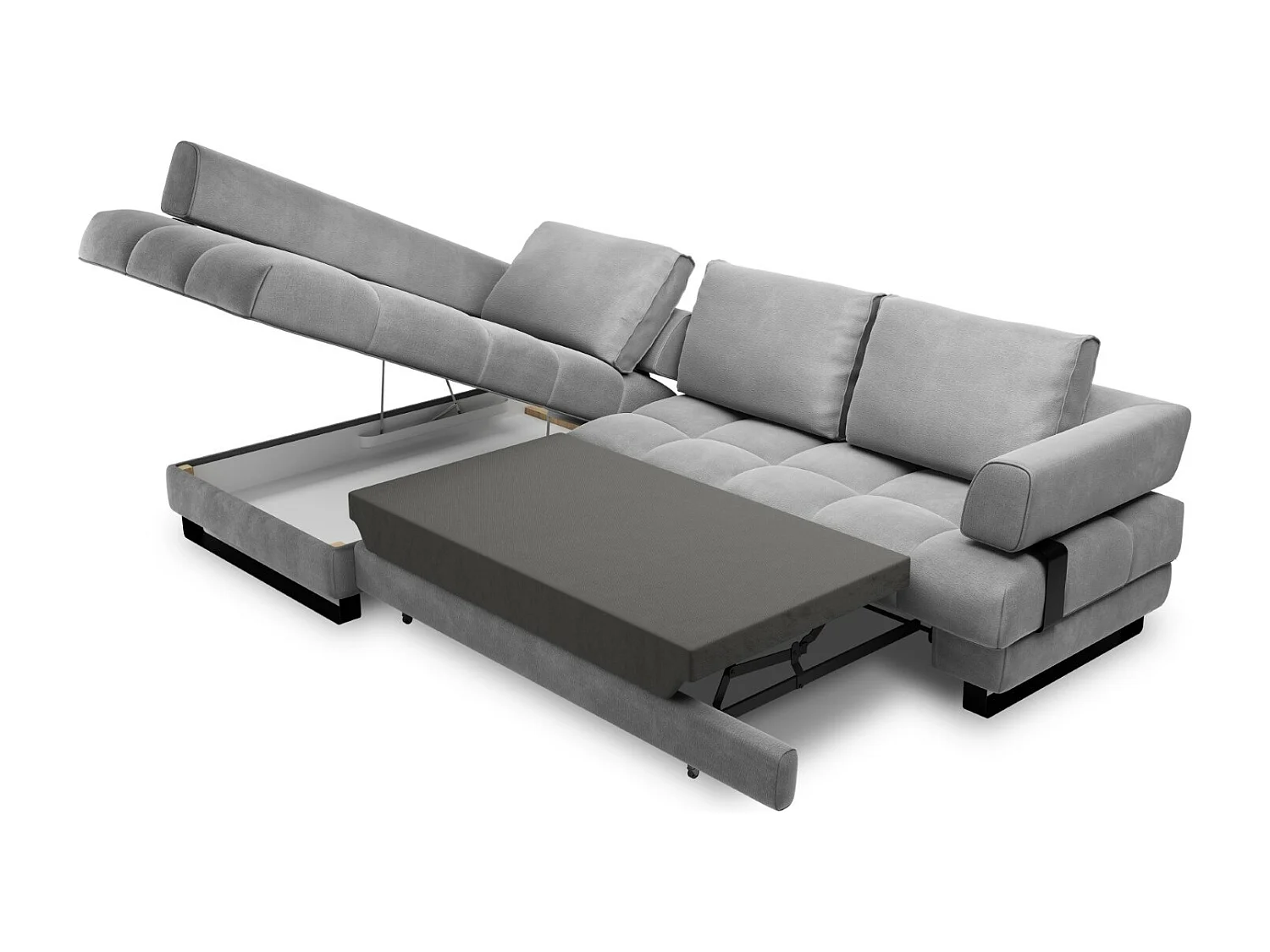 Cosmopolitan Design - Canapé d'angle gauche convertible avec coffre de rangement "Clinton" 5 places en velours gris clair - 272x173x89cm