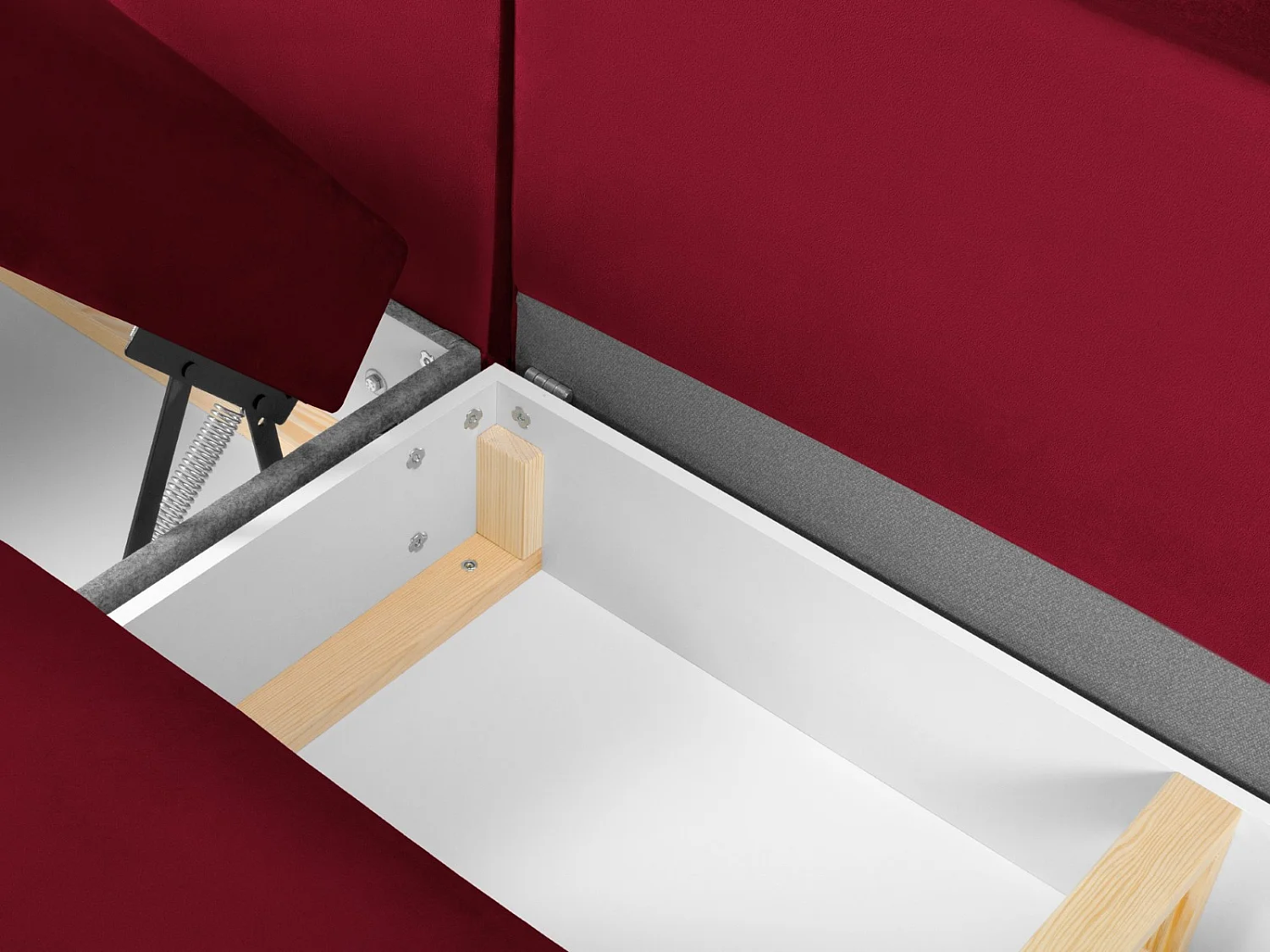 Cosmopolitan Design - Sofá cama panorámico derecho con baúl de almacenaje "Kyoto" 7 plazas de terciopelo rojo - 313x194x88cm