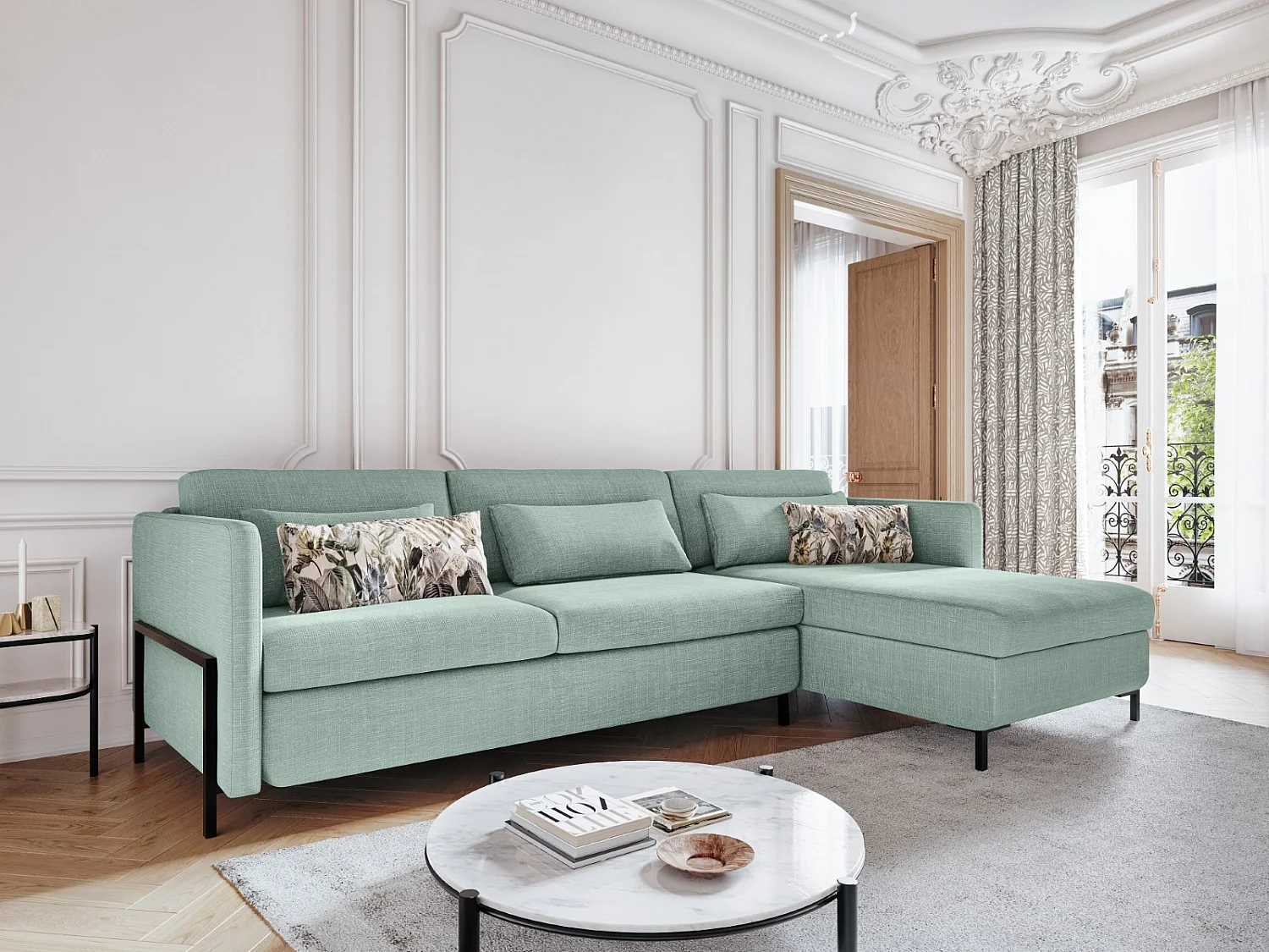 CXL by Christian Lacroix - Canapé d'angle droit convertible avec coffre de rangement "Yanis" 4 places en tissu structurel menthe - 260x170x80cm