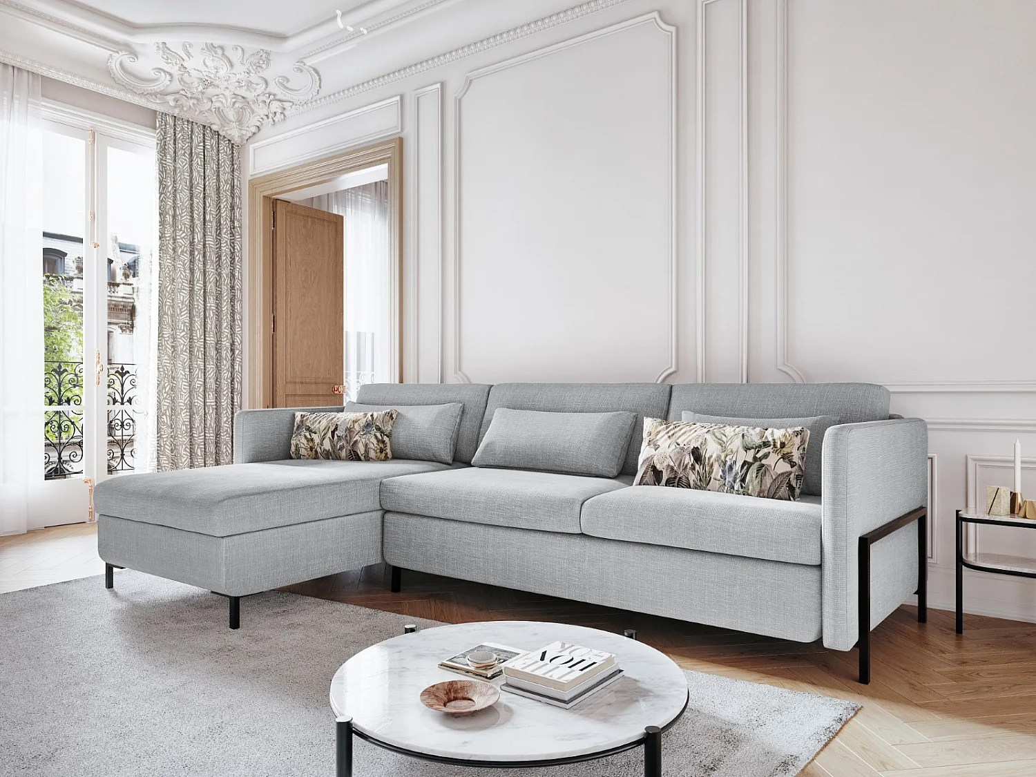 CXL by Christian Lacroix - 4-Sitzer ausklappbares Ecksofa links mit Container "Yanis" Sitzer aus strukturiertem Stoff hellgrau - 260x170x80cm