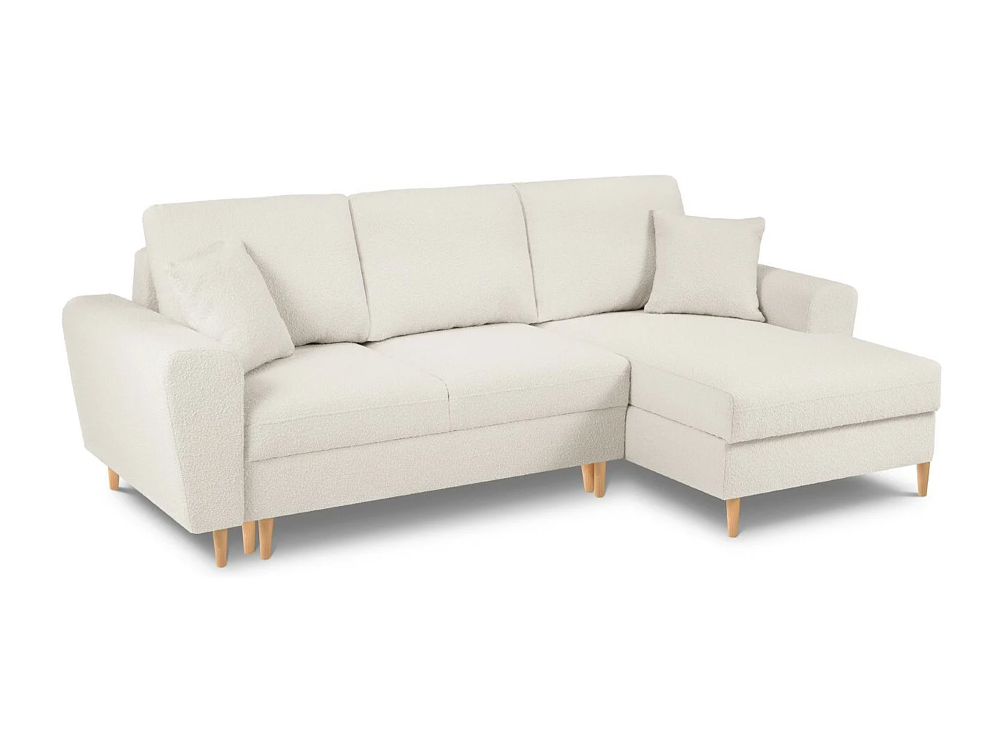 Cosmopolitan Design - 4-Sitzer ausklappbares Ecksofa rechts mit Container "Kyoto" aus Boucle beige - 241x145x88cm