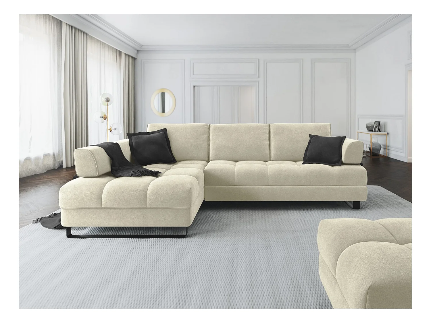 Cosmopolitan Design - Canapé d'angle gauche convertible avec coffre de rangement "Clinton" 5 places en velours beige clair - 272x173x89cm