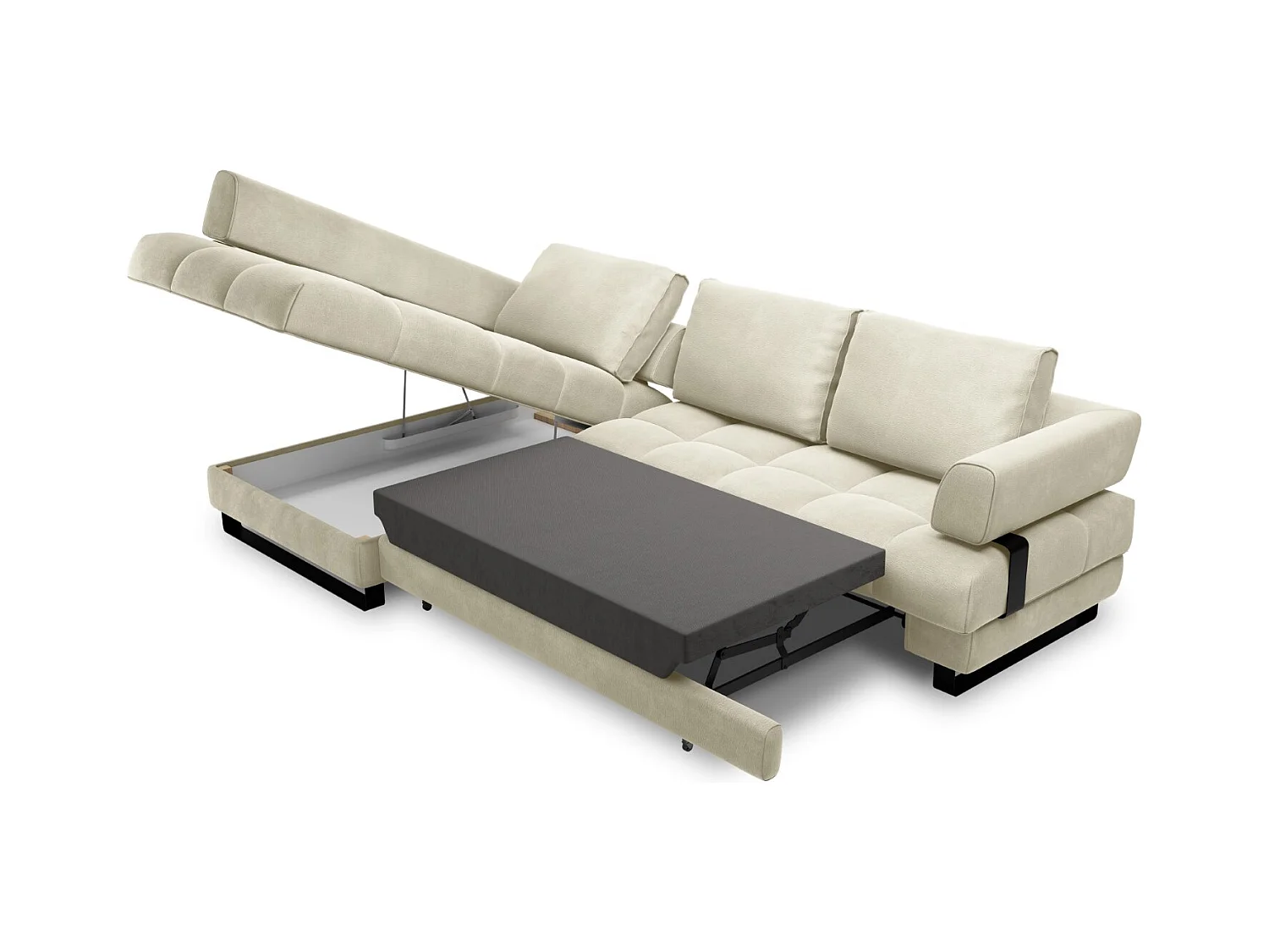 Cosmopolitan Design - Canapé d'angle gauche convertible avec coffre de rangement "Clinton" 5 places en velours beige clair - 272x173x89cm