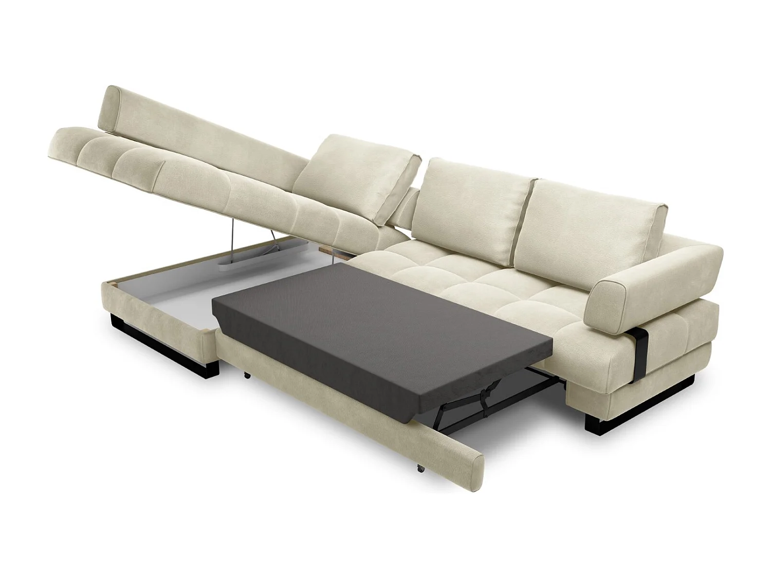 Cosmopolitan Design - Canapé d'angle gauche convertible avec coffre de rangement "Clinton" 5 places en velours beige clair - 272x173x89cm