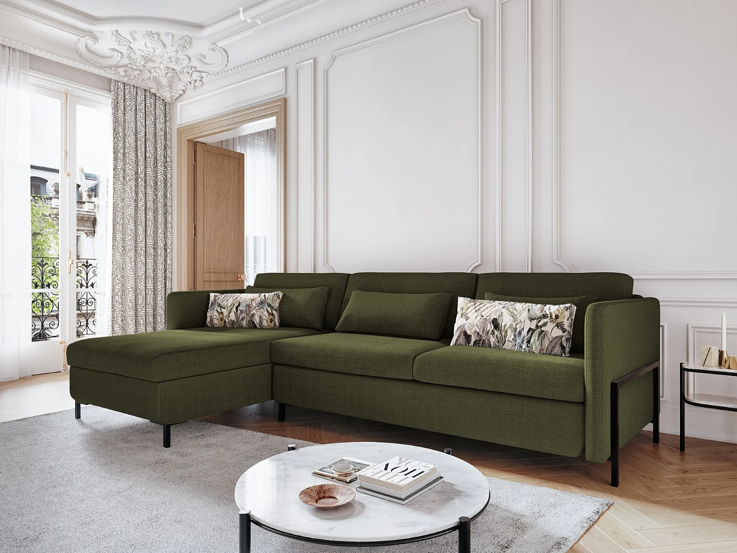 CXL by Christian Lacroix - Canapé d'angle gauche convertible avec coffre de rangement "Yanis" 4 places en tissu structurel vert - 260x170x80cm