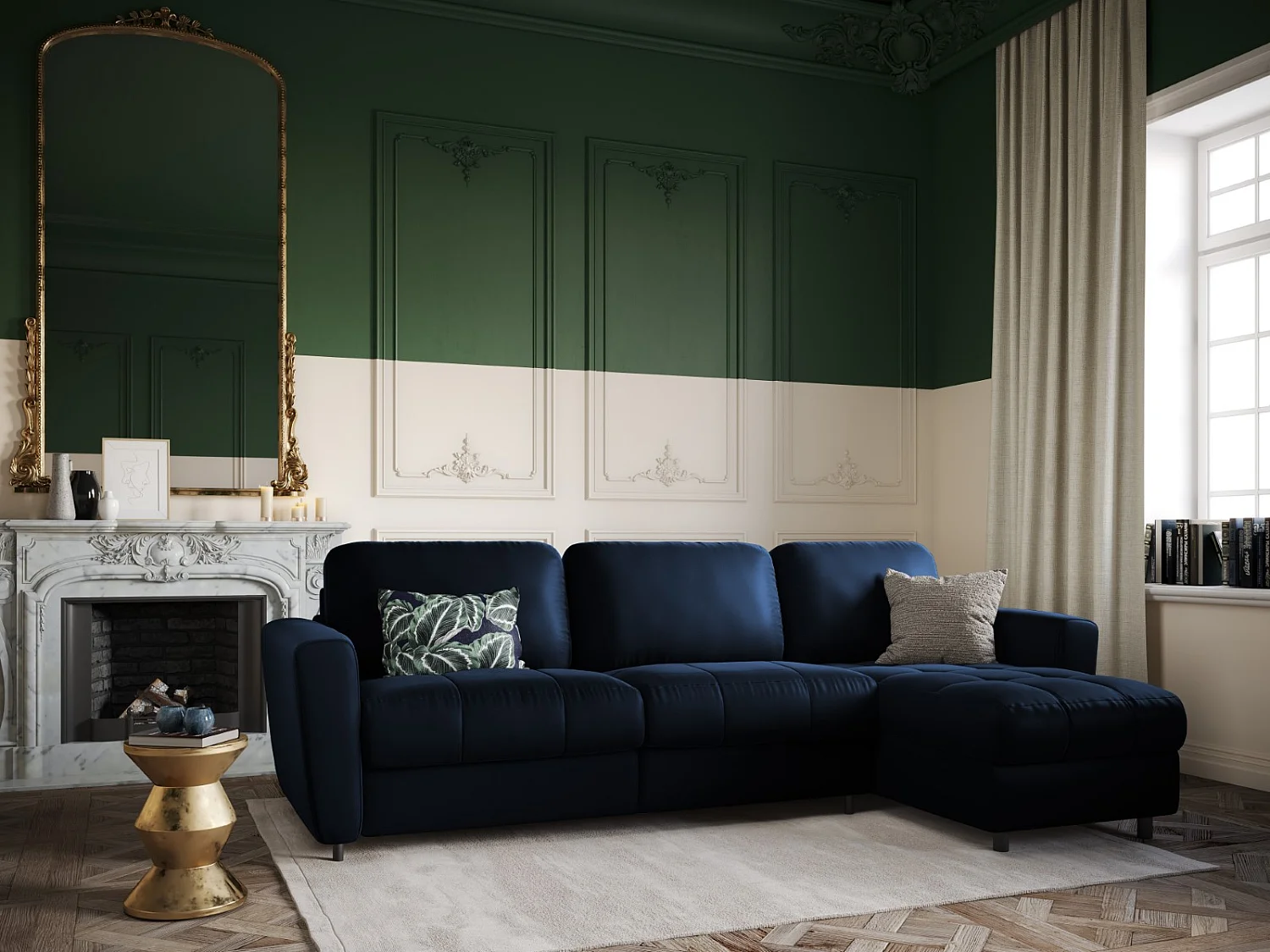 CXL by Christian Lacroix - Canapé d'angle droit convertible avec coffre de rangement "Audra" 5 places en velours bleu roi - 290x170x88cm