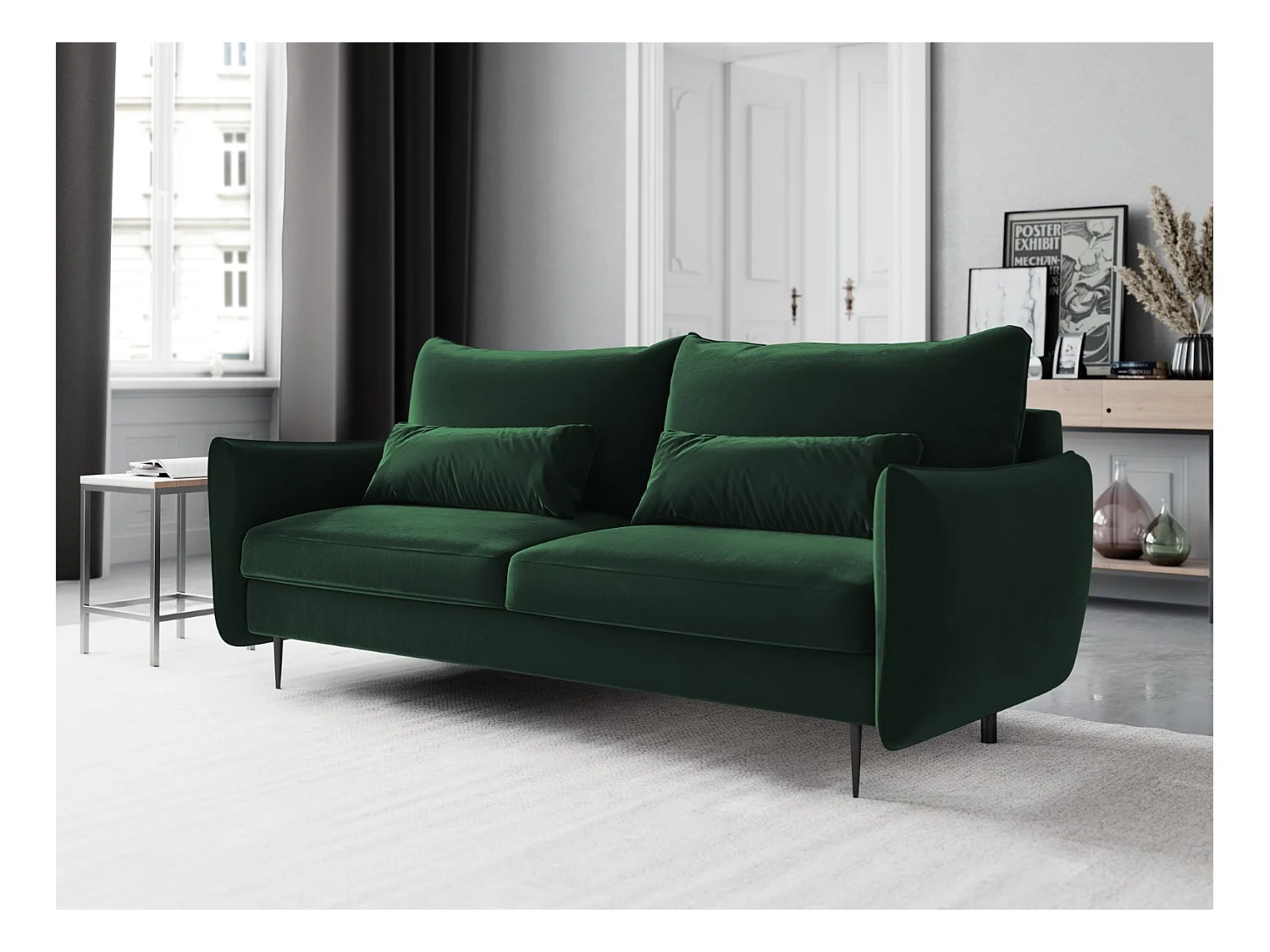 Cosmopolitan Design - Canapé convertible avec coffre de rangement "Vermont" 3 places en velours vert bouteille - 222x105x90cm