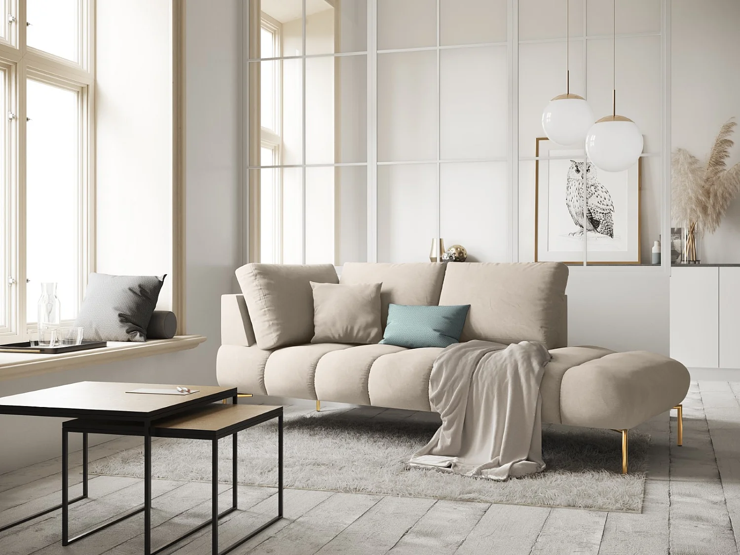 Cosmopolitan Design - Méridienne droite "Hastings" 2 places en velours beige - 216x102x75cm