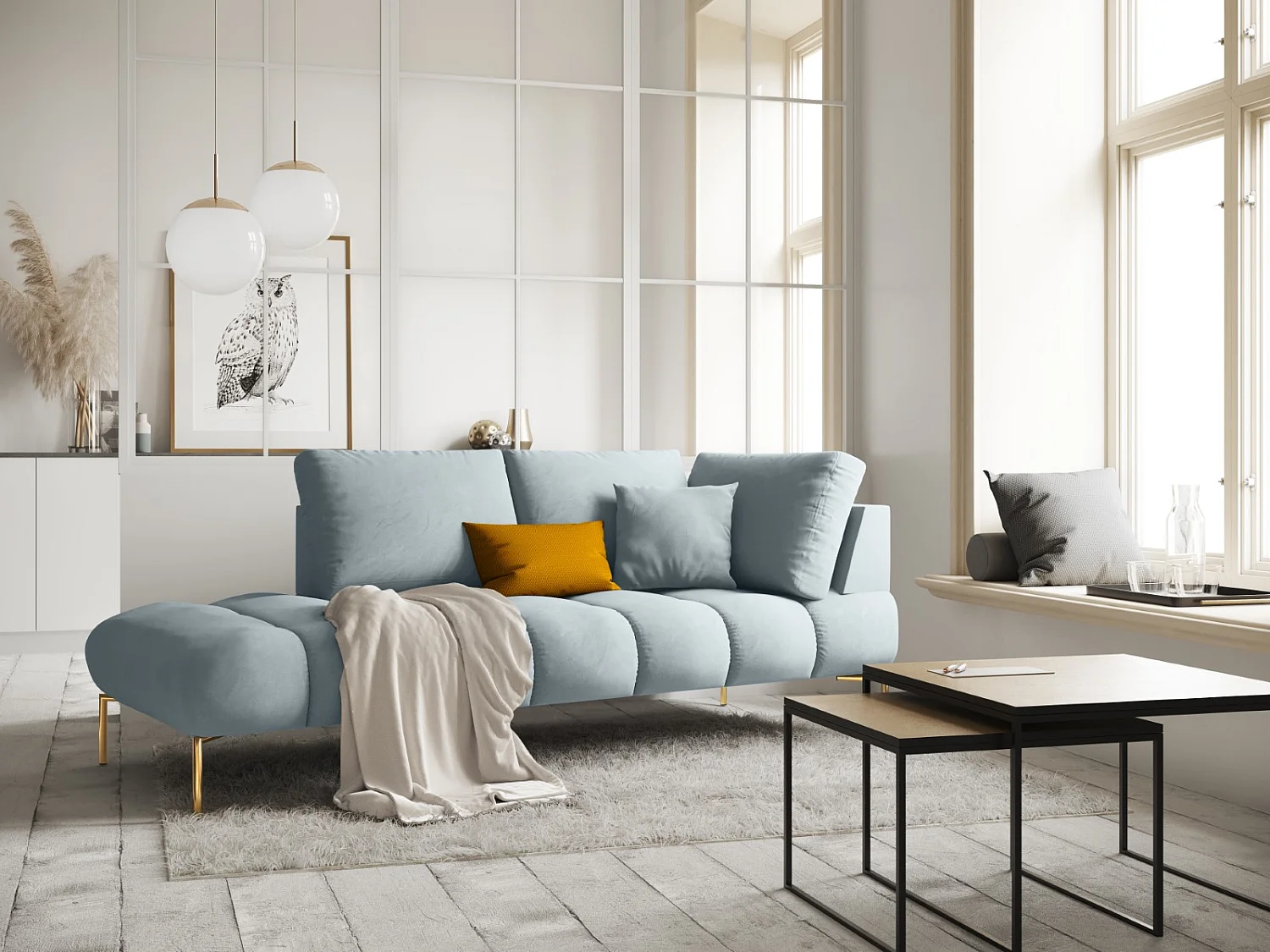 Cosmopolitan Design - Chaise longue esquerda "Hastings" 2 lugares em veludo azul claro - 216x102x75cm