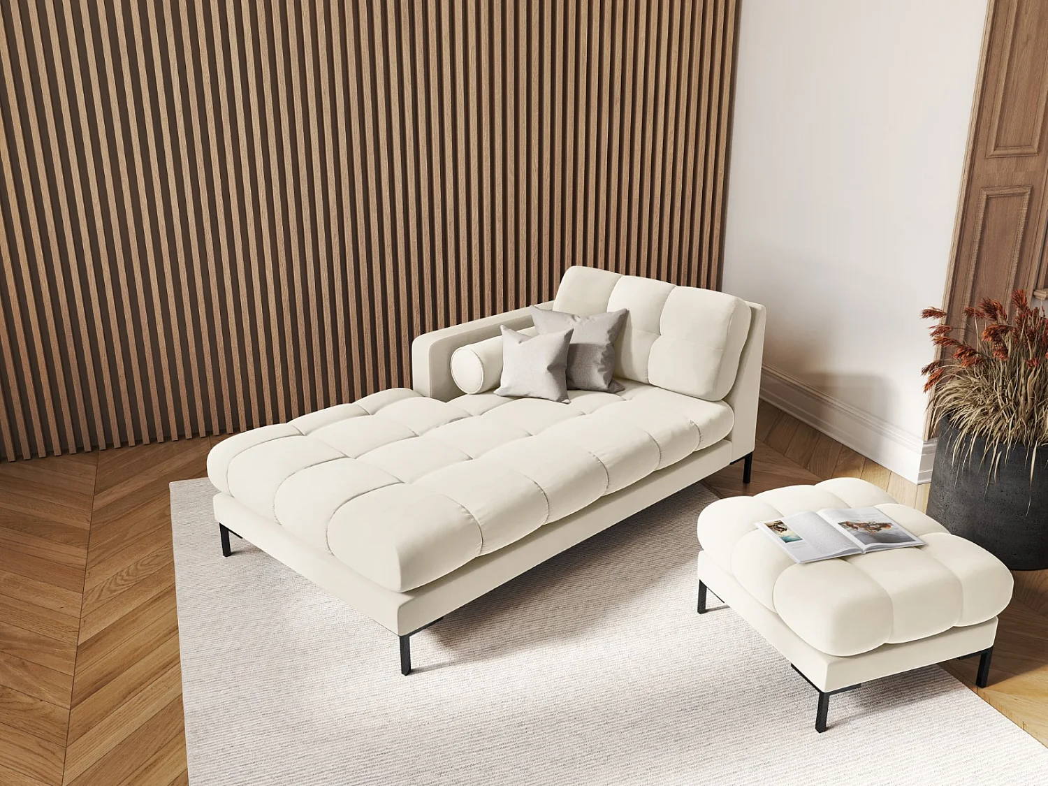 Cosmopolitan Design - Chaiselongue links "Bali" aus Samt leichtes beige - 185x102x75cm