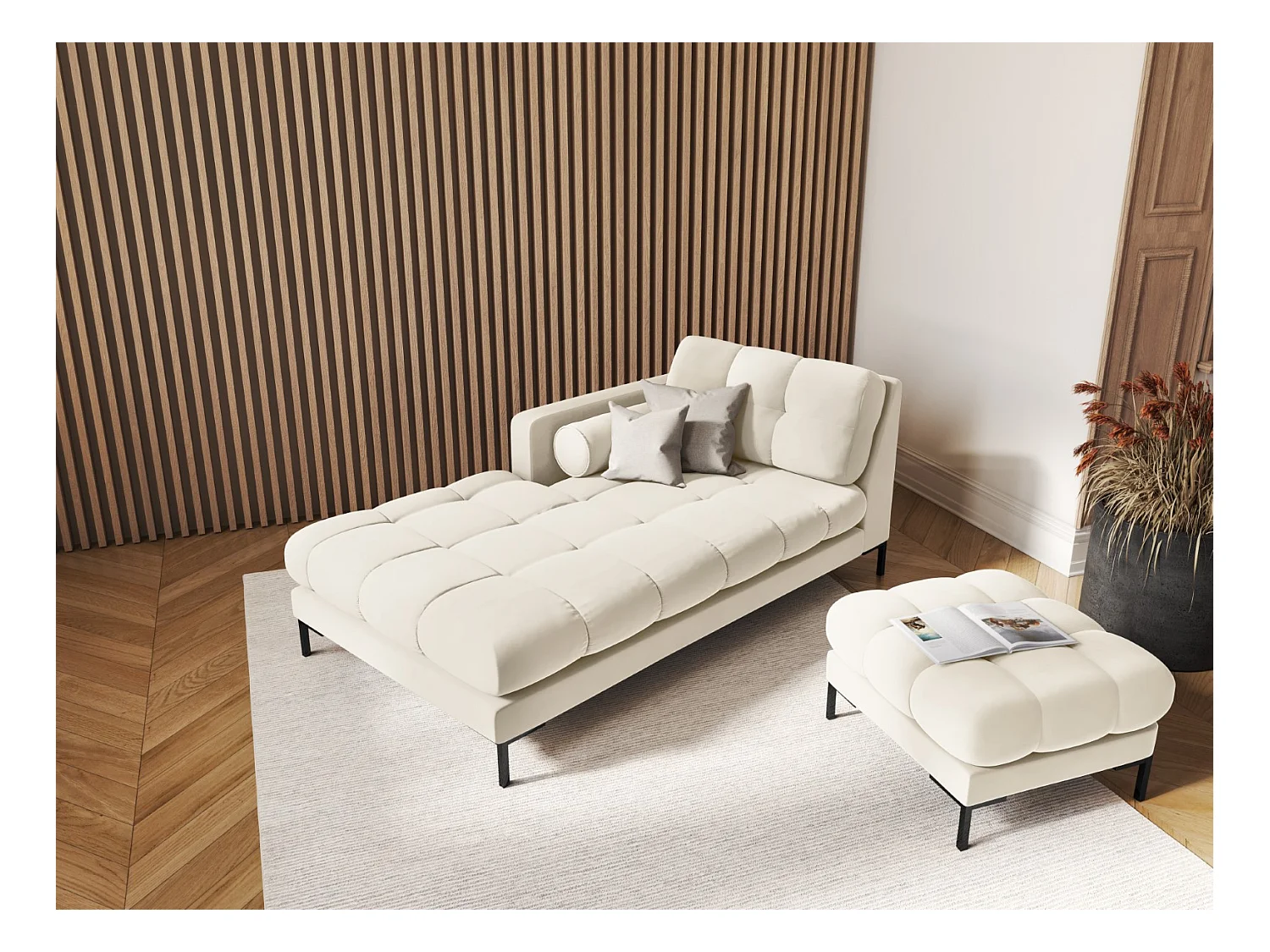 Cosmopolitan Design - Méridienne gauche "Bali" en velours beige clair - 185x102x75cm