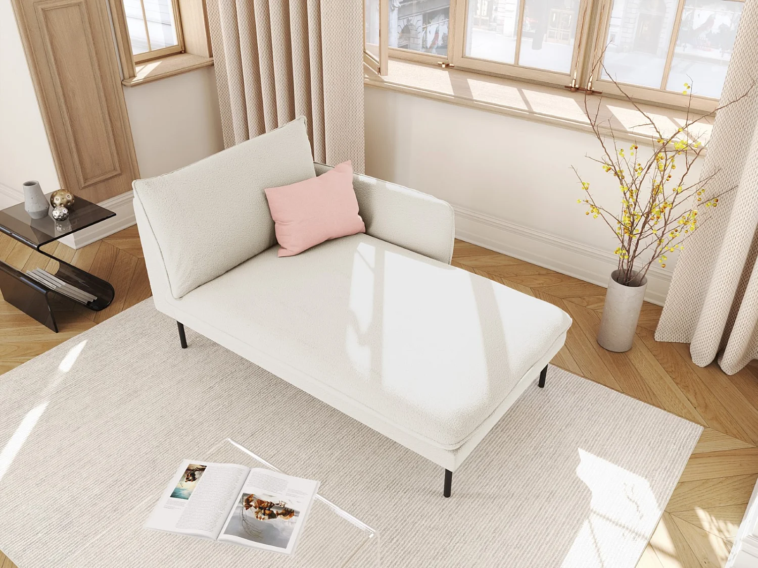 Cosmopolitan Design - Chaise longue de angulo derecho "Vienna" de tejido bouclé beige - 170x110x95cm