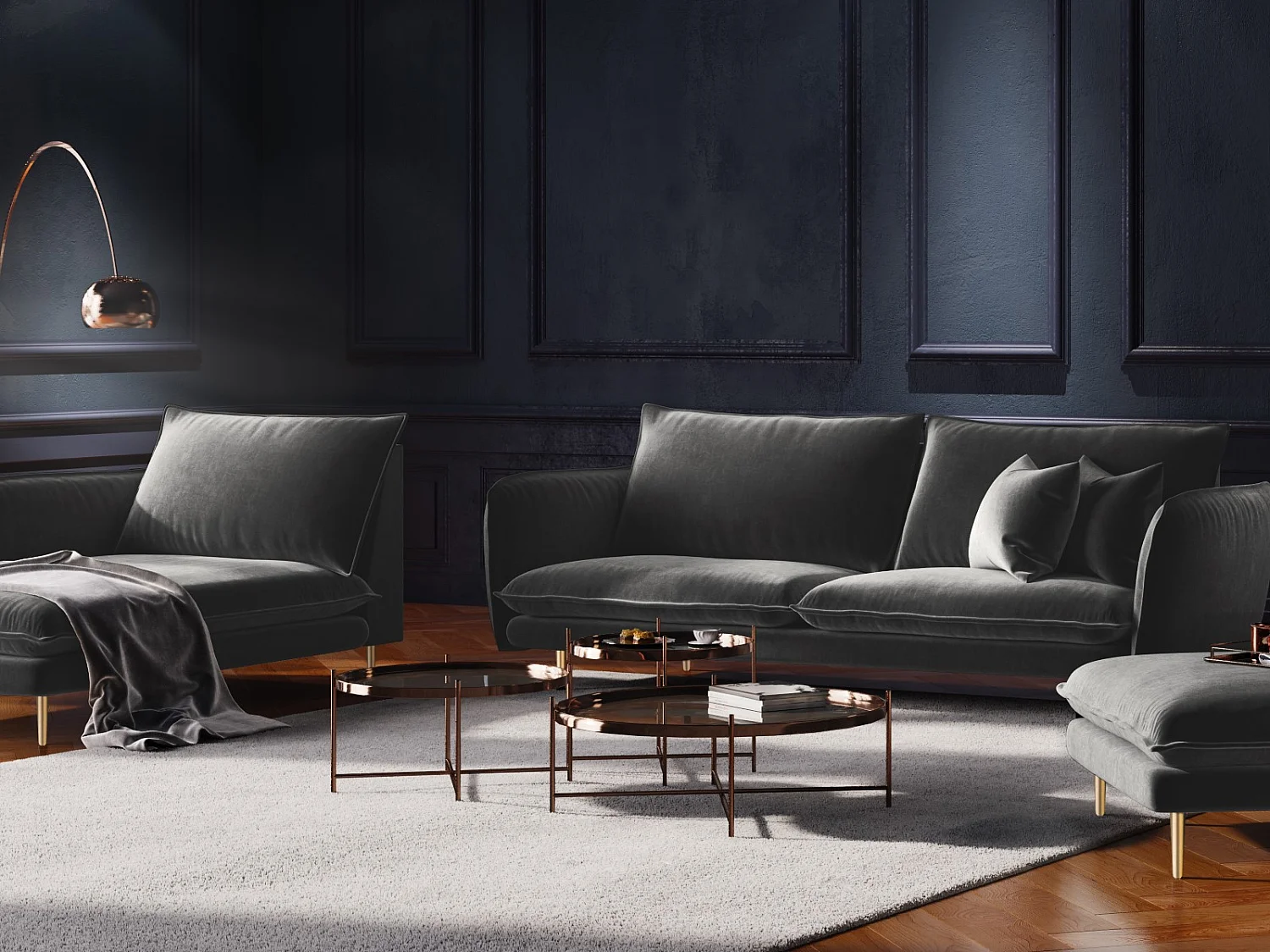 Cosmopolitan Design - Méridienne gauche "Vienna" en velours gris - 170x110x95cm