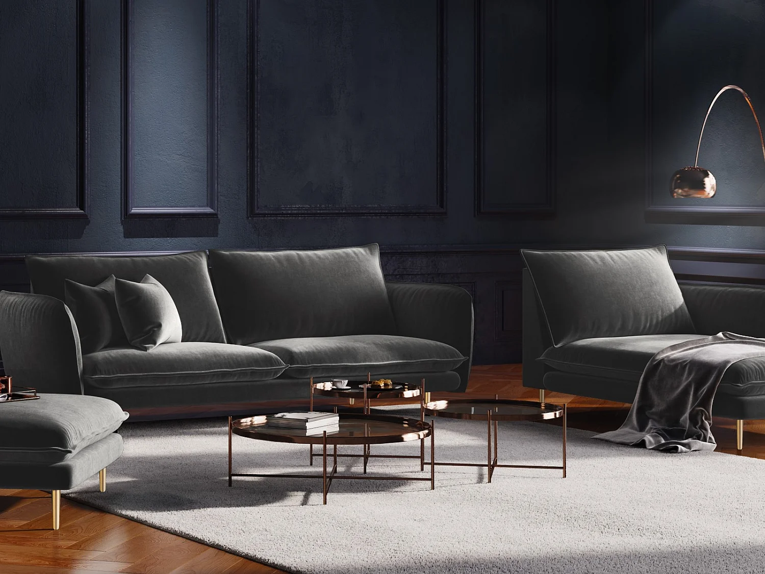 Cosmopolitan Design - Méridienne droite "Vienna" en velours gris - 170x110x95cm